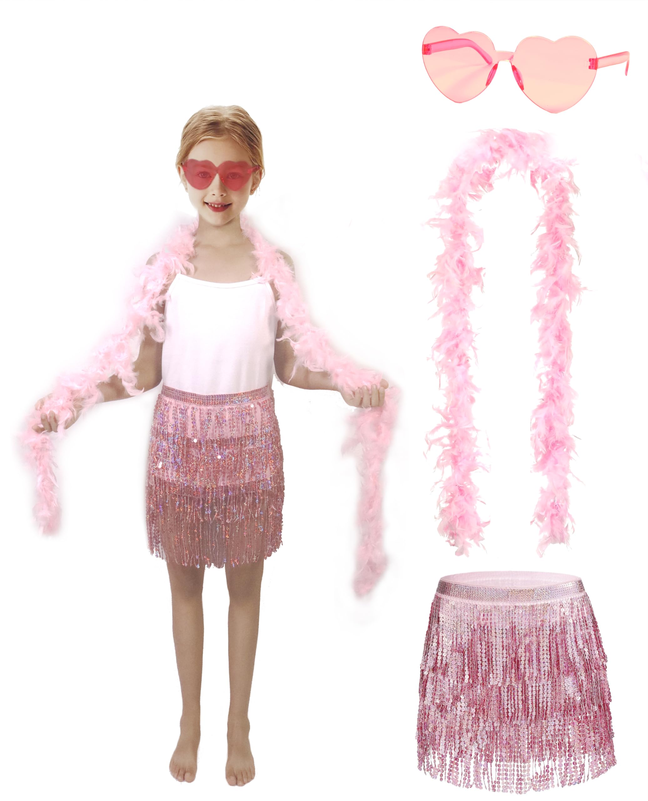 Girls Sequin Skirt Kids Fringe Tassel Skirt Feather Boa Sunglasses Belly Dance Rave Disco Tutu for 3-12Y Pink