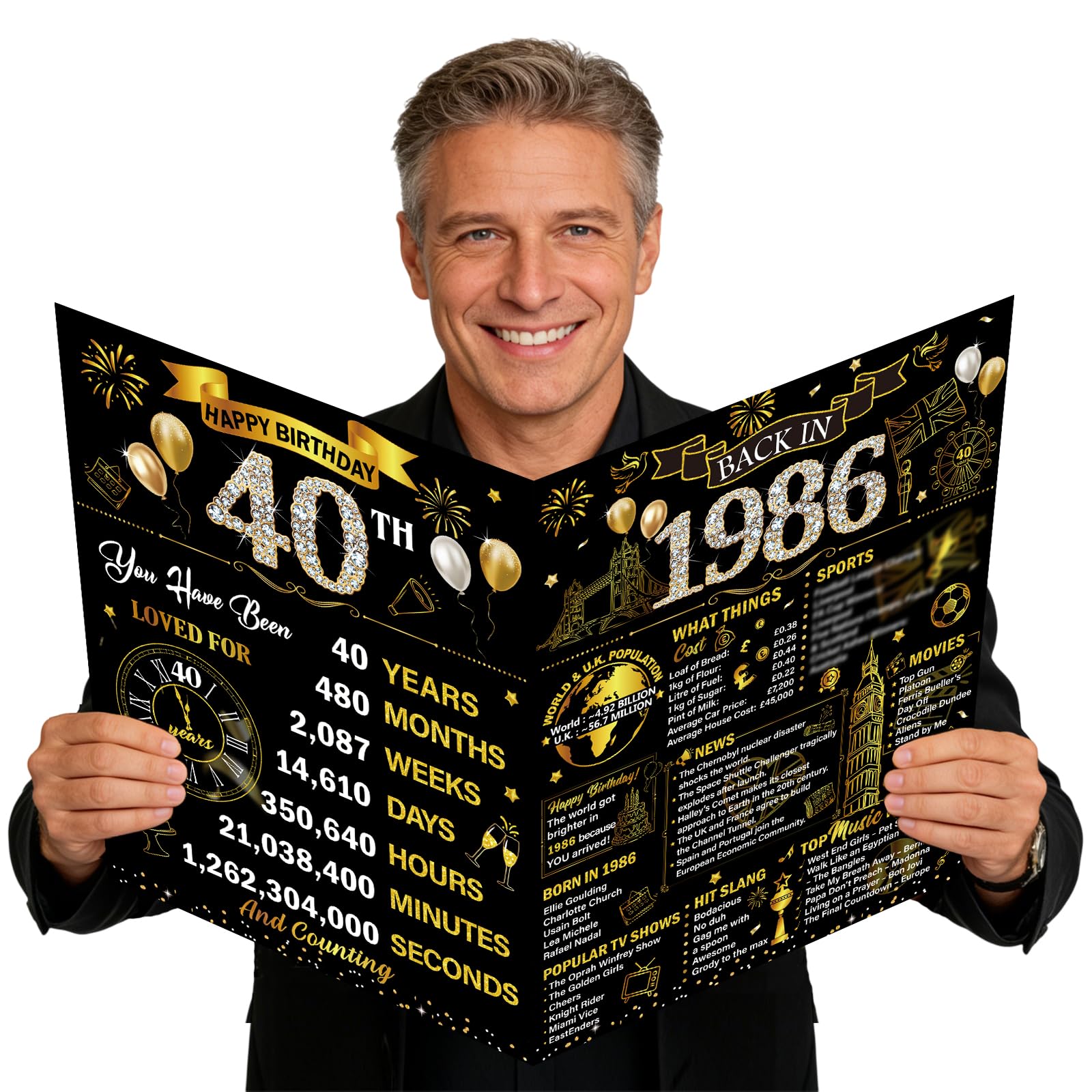 Eiapadeor Large 40th Birthday Card for Men - Black Gold Back in 1986 40th Birthday Card with Envelope Cheers to 40 Years Jumbo Guest Book Birthdays Gift for Women Men 40 Year Old Party Decorations