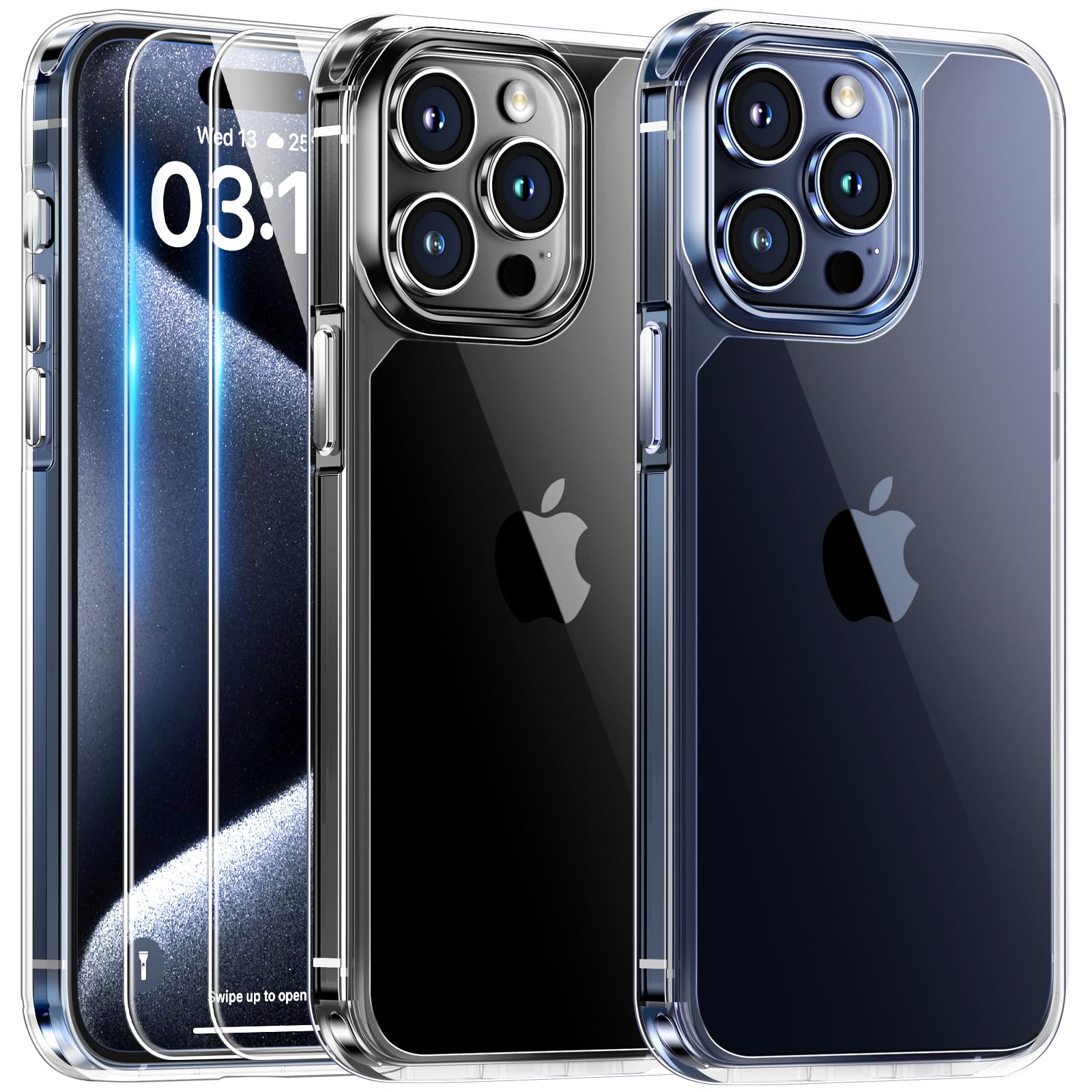 TAURI Cover per iPhone 15 Pro, [3 in 1] 1 Custodia[Senza Ingiallimento] con 2 Pellicole Vetro Temperato, [Protezione Antiurto Militare] Sottile Antishock, Anticaduta- Trasparente