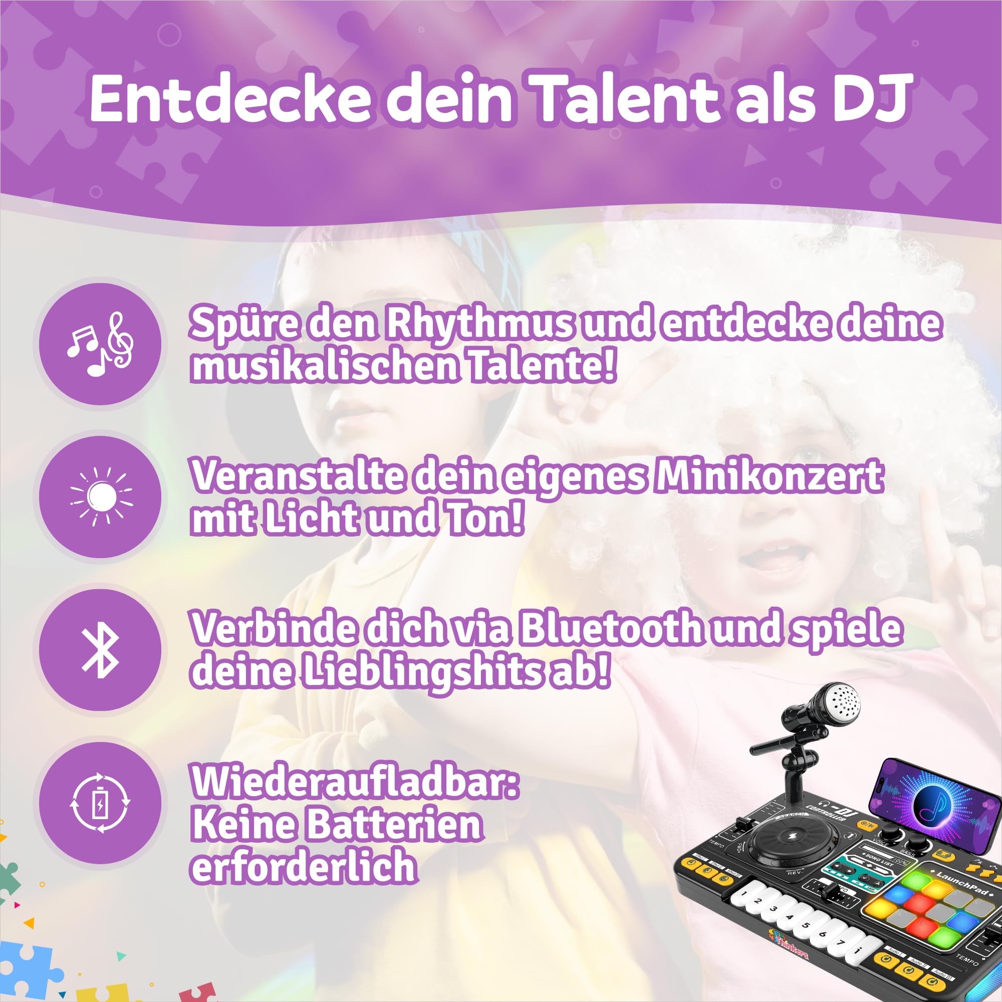 DJ Set für Kinder mit Mischpult & Mikrofon, DJ Pult für Anfänger mit Lichtshow, Bluetooth Verbindung & Touchpads, Wiederaufladbares DJ Mischpult Kinder Spielzeug für Musik & Kreatives Spielen