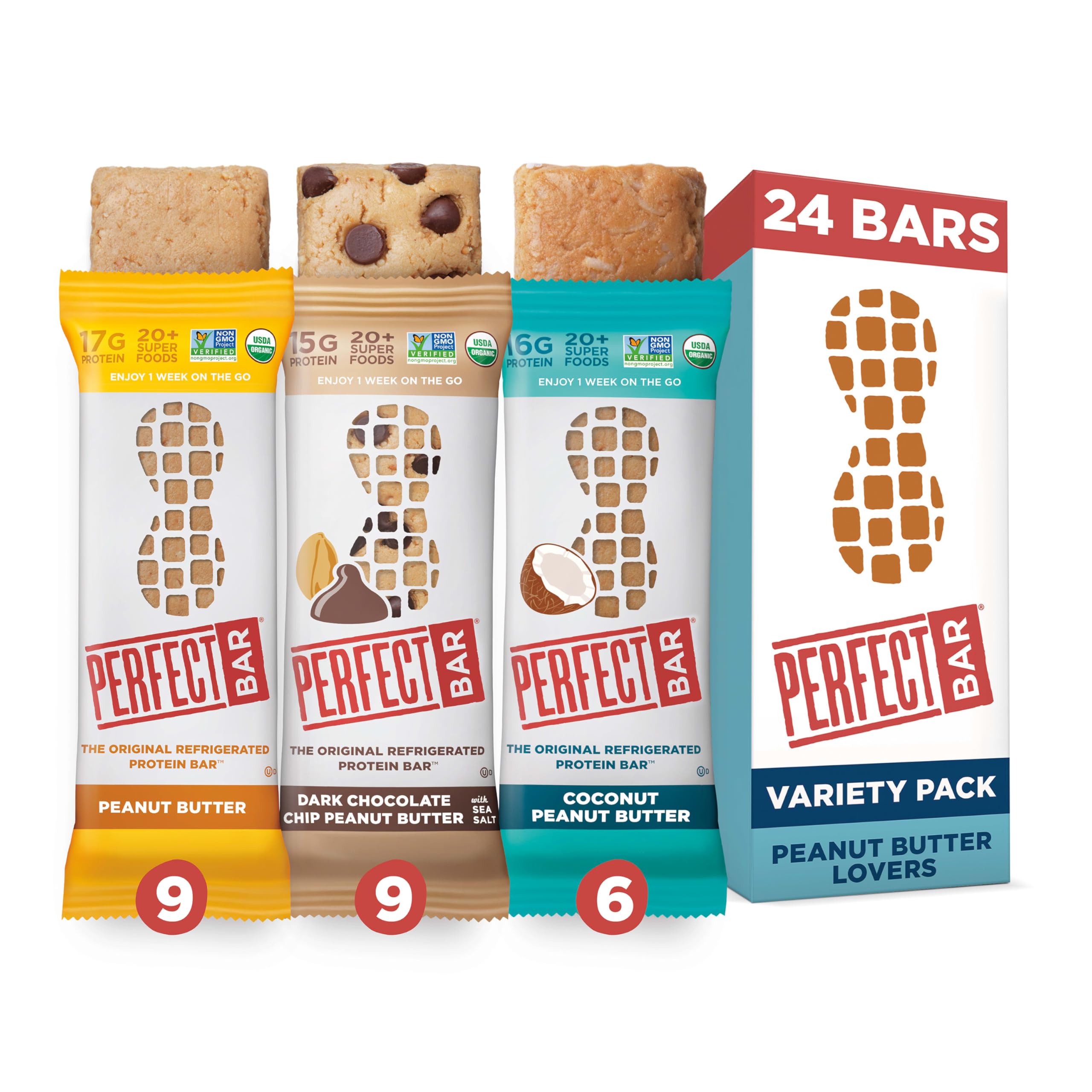 Perfect Bar Original Refrigerated Protein Bar, Peanut Butter Lover's Variety Bundle, 2.2 - 2.5 Ounce Bar, 8 Count (Pack of 3)