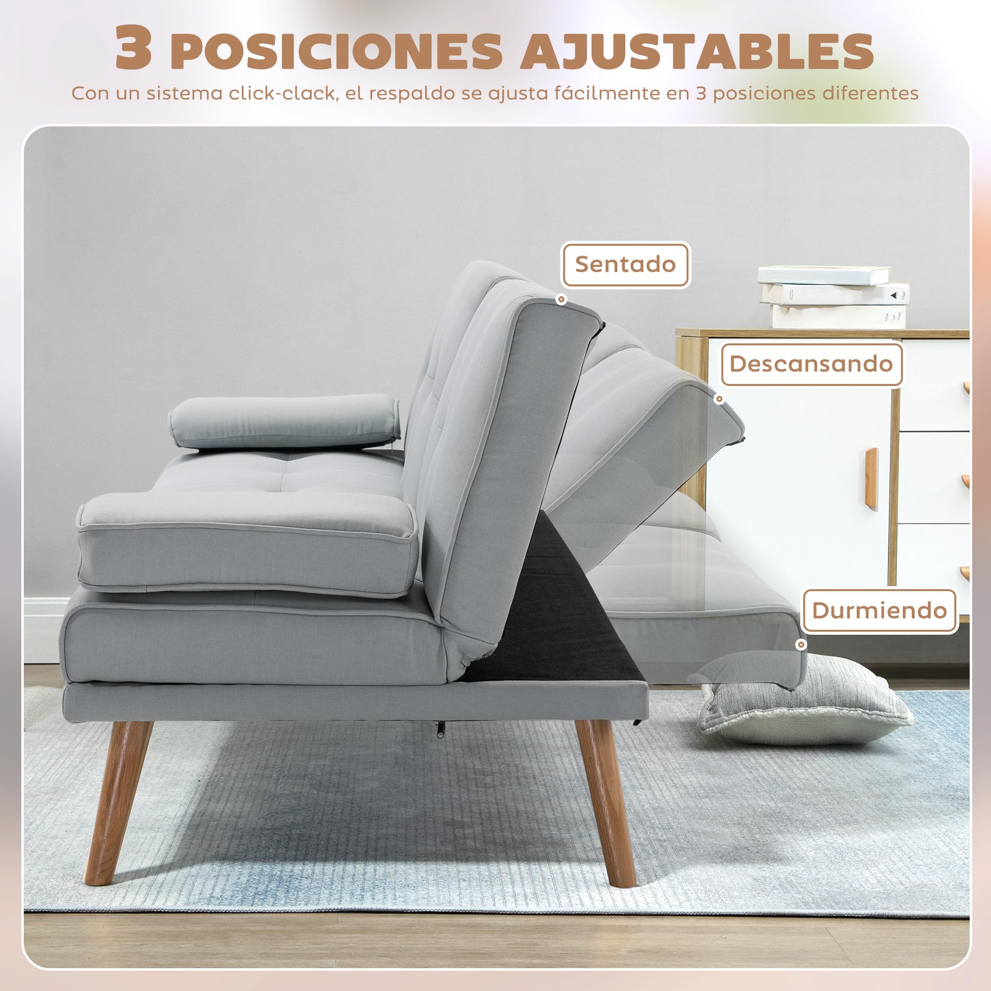 HOMCOM Sofá Cama 3 Plazas, Mesa Abatible con 2 Soportes para Vasos, 181x77x78 cm, Sofá Cama con Respaldo Ajustable, Apertura Clik-Clak, Reposabrazos Desmontables, Patas de Madera, Gris Claro