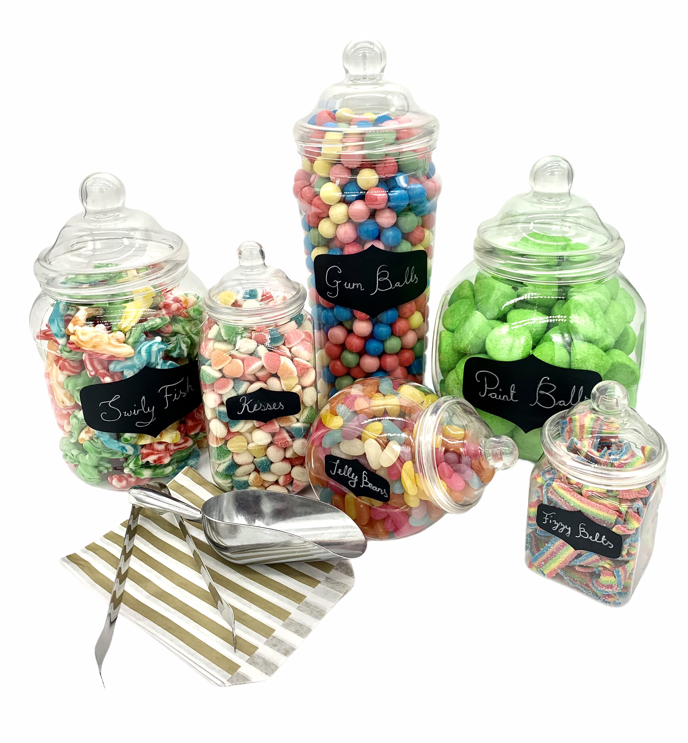 Sweet Tree Celebrations Gold Candy Buffet Pick & Mix Jars- Set Of 6 Assorted Sizes With Victorian Bobble Lids, Blackboard Stickers, Chalk Pencil, Metal Scoop & Tong And 50 X Paper Bags (Gold)