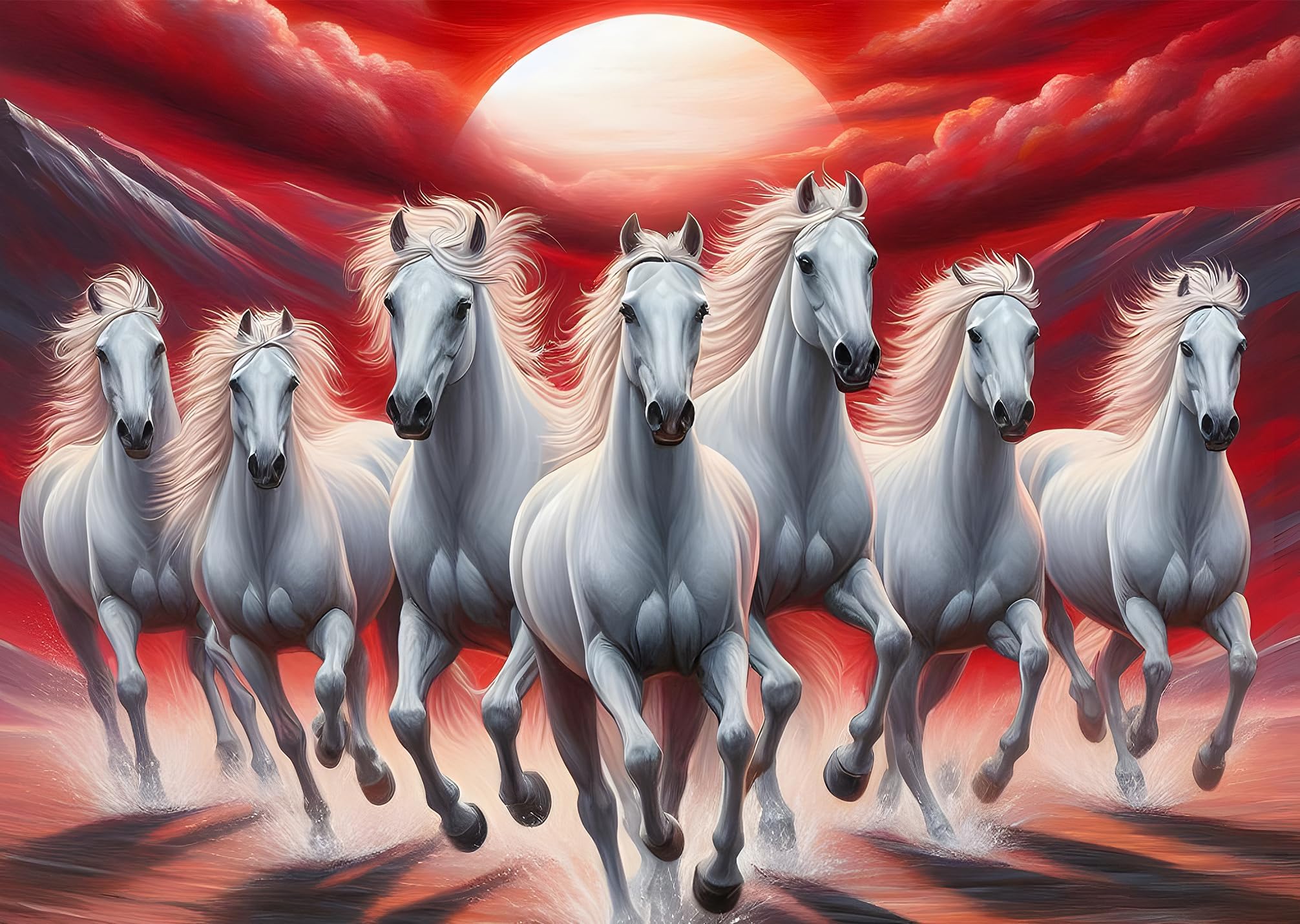 Roostaflag Paper, Vinyl 7 Horse Poster for Wall | Wall Stickers | 7 Horses Vastu Poster Big Size with Sunrise | Sticker for Wall Decor | Lucky 7 Horses Posters for Living Room Decoration (Wine Red)
