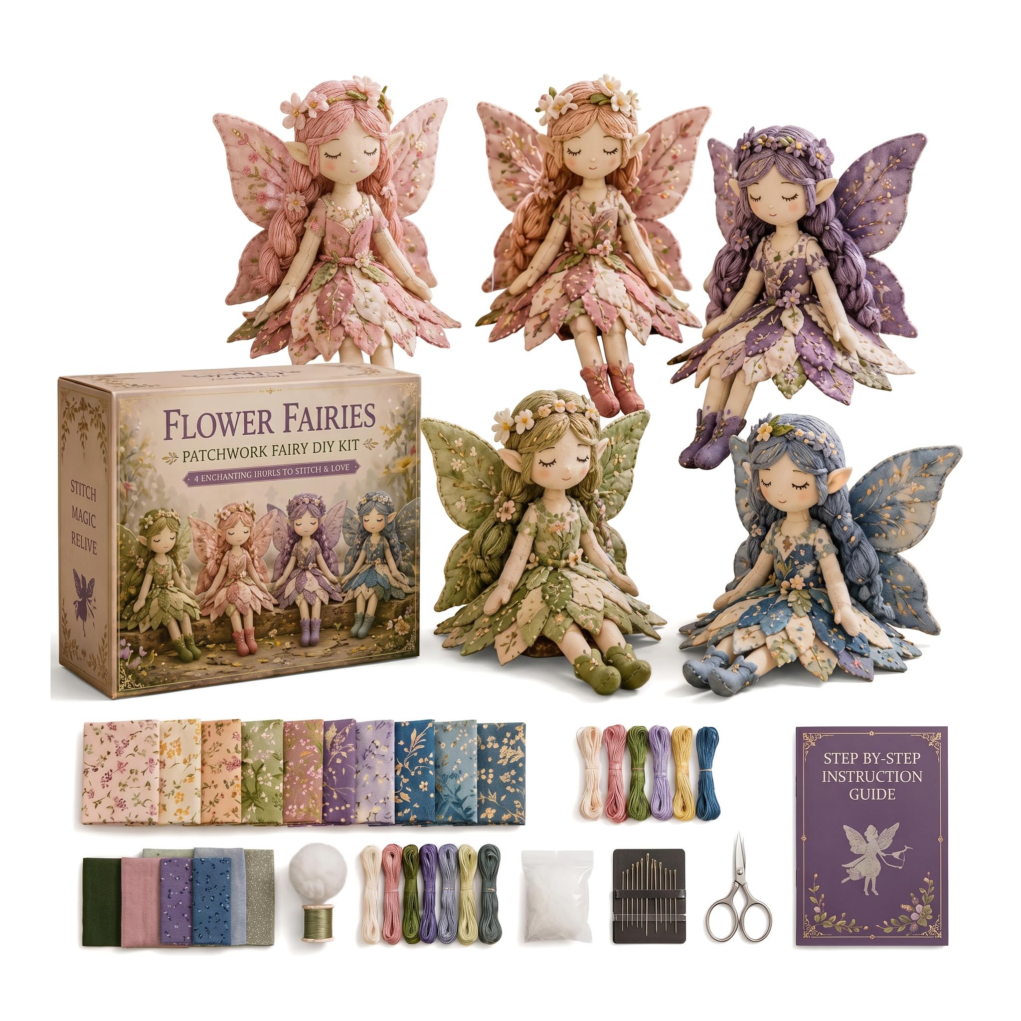 Mtbricey 4Pcs Flower Fairy Patchwork DIY Sewing Make Your Own Winged Elf Cloth Dolls Pre-Cut Fabric Embroidery Thread Stuffing Needle Beginner Hand Sewn Craft for Creative Home Decor Handmade Gift (F) — image 1