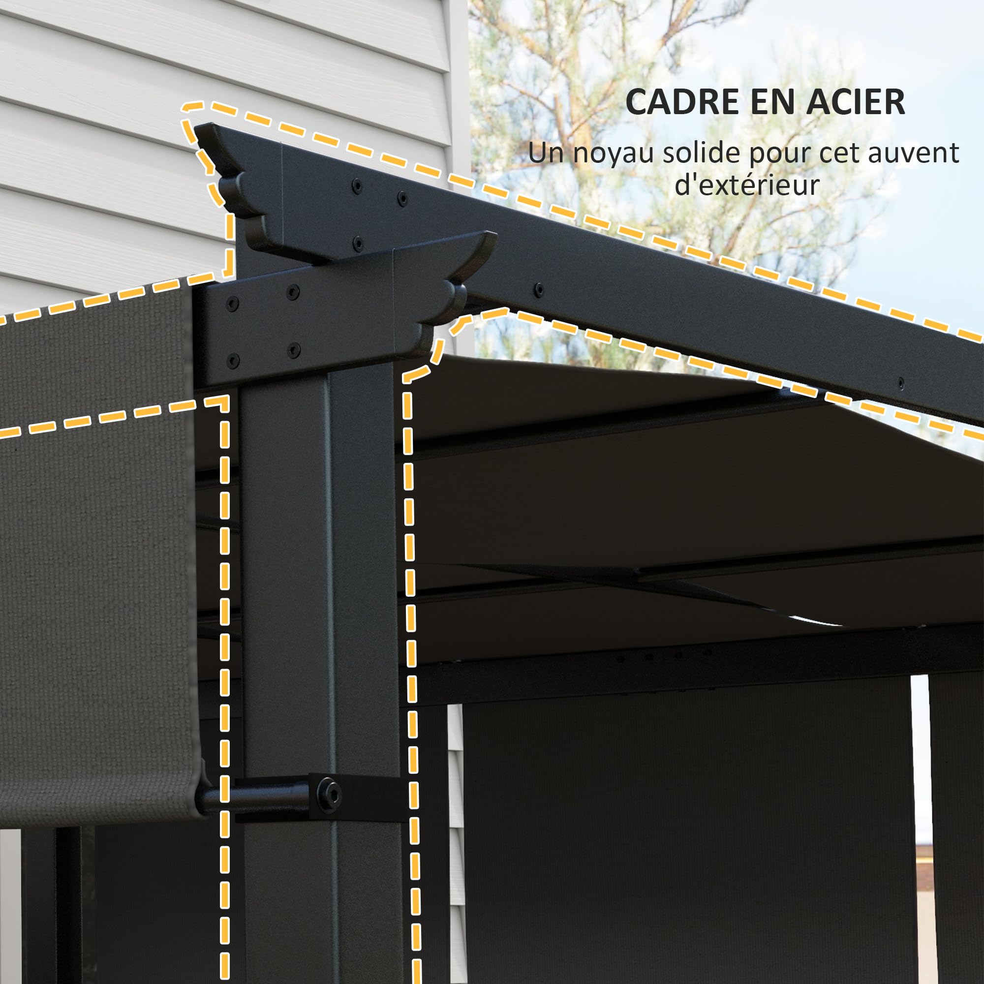 Outsunny Pergola avec 3 Toiles Coulissantes 3 x 3 x 2,38 m, Structure Acier Noir, Toile Polyester Haute Densité Gris Foncé