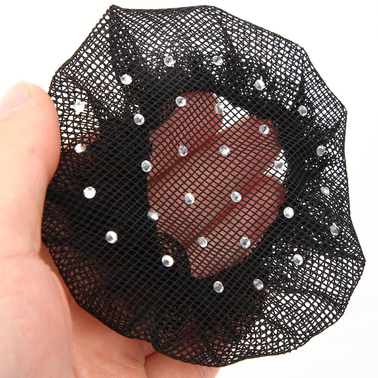 6pcs Rhinestone Hair Bun Cover Decorative Black Polyester Net | Elastic Fit, Chic Elegant Styling, Women and Nurse Hair Accessory for Bun and Crown Shaping