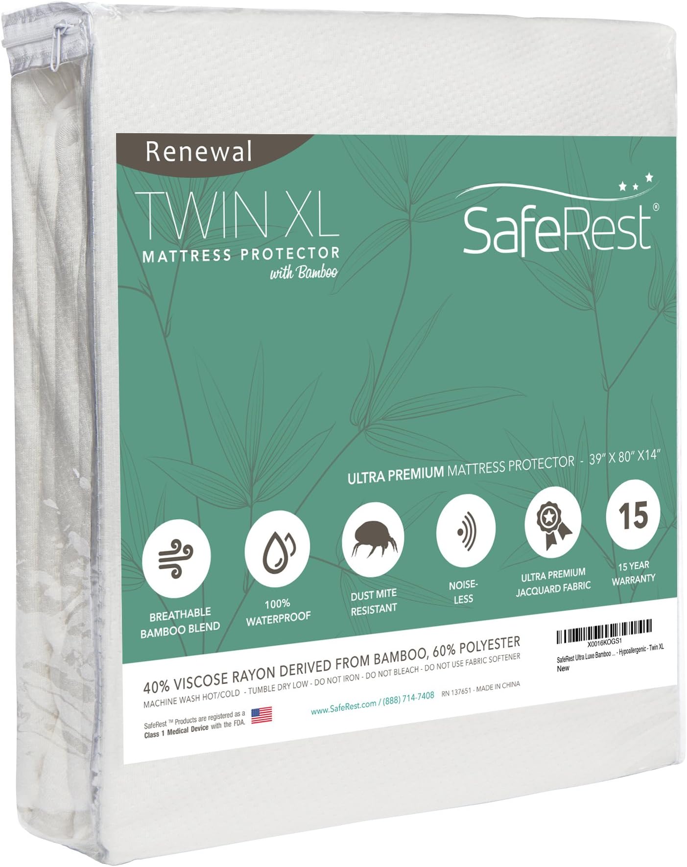 SafeRestRenewal Derived Viscose Rayon Mattress Pad Protector Cover – Waterproof, Breathable, Vinyl Free - TwinXL Size