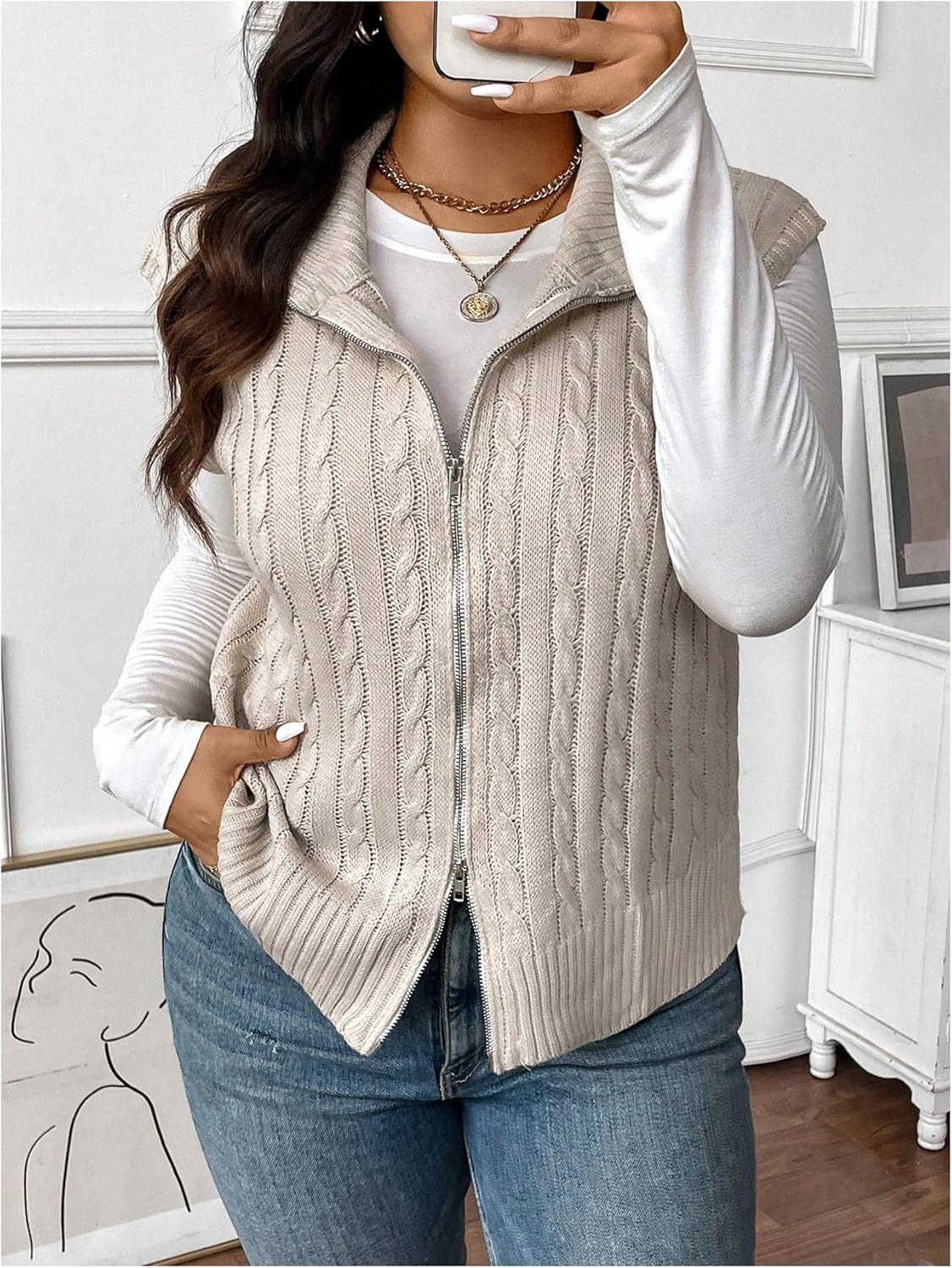 Floerns Women's Plus Size Mock Neck Zip Up Sweater Vests Sleeveless Cable Knit Cardigans - Image 4