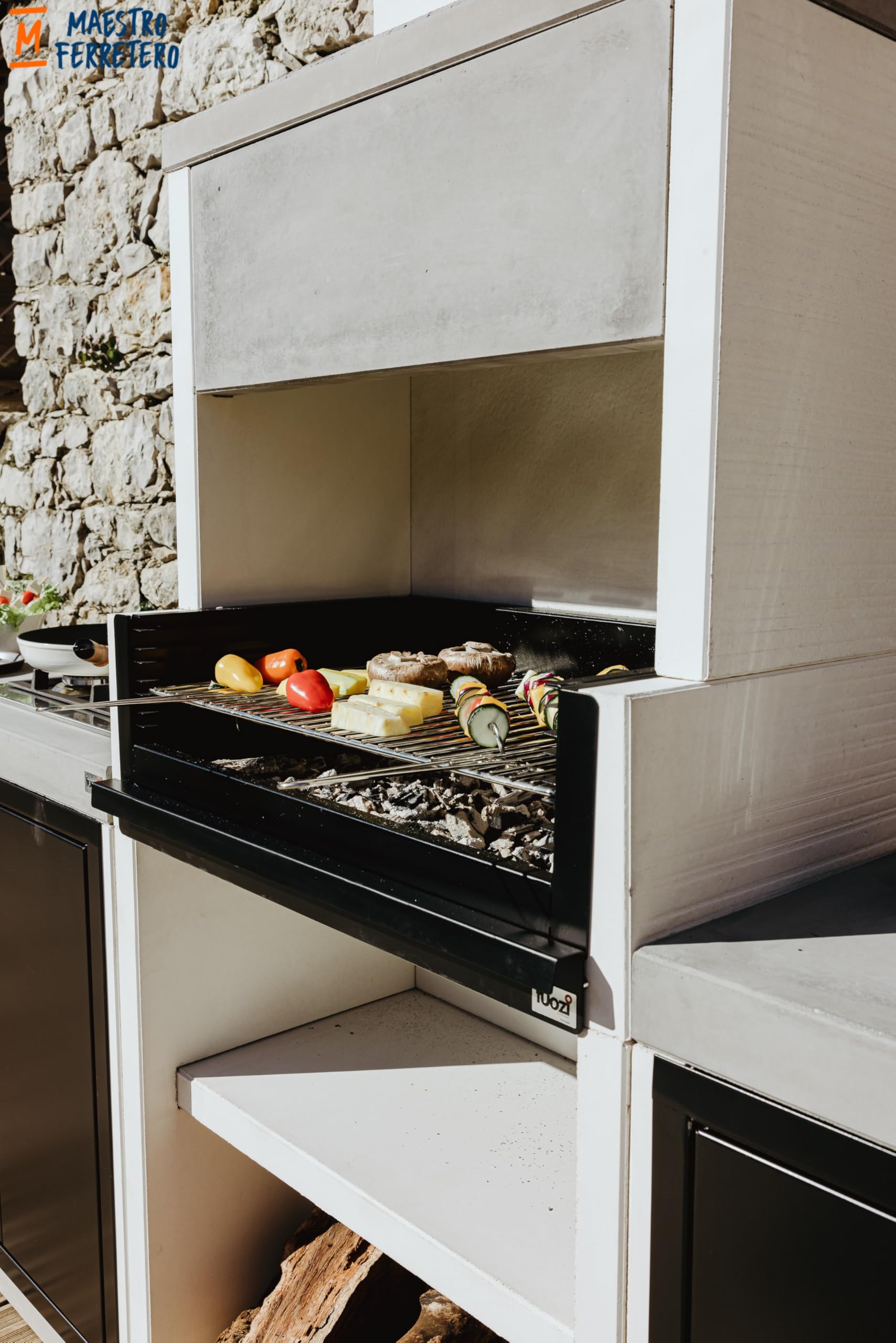 TUOZI - Barbacoa de Obra para Leña y Carbón Modelo VENIT FLEX PLUS HOTTE [F] (Gris/Blanco - 78 x 47 x 197 cm) REF: T00131 - Uso en Exteriores