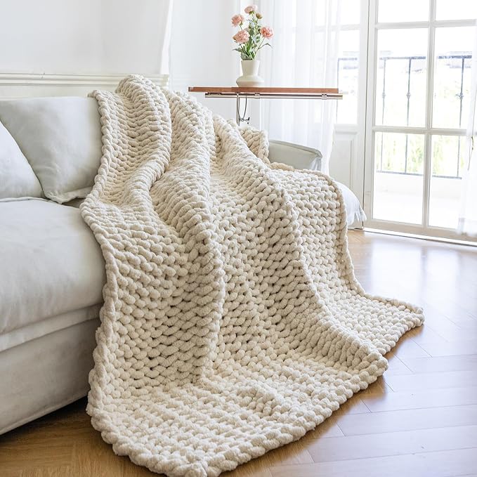 Chunky Knit Blanket - Luxury Soft Cozy Queen Size(50 * 60) Throw Blanket,100% Woven Blanket Rope Knot Throw Blanket for Couch, Sofa, Home Decor, Gift - Machine Washable（Cream）