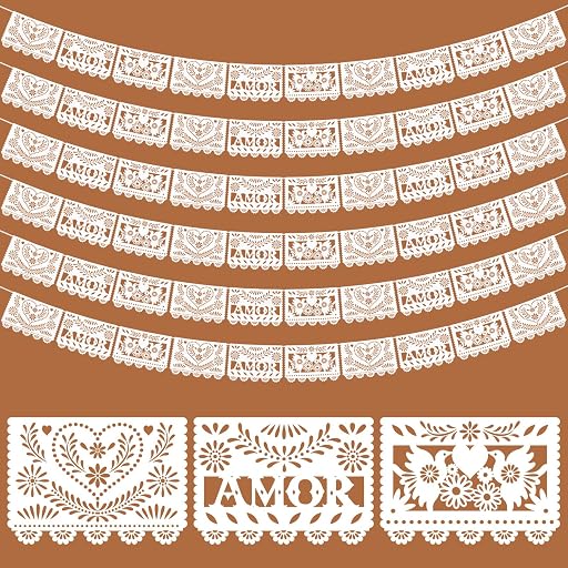 TaoBary 6 Pcs Papel Picado Mexican Wedding Cielito Lindo Party Decor 118 Feet Dia De Los Muertos Decor Banner for Altar Mexican Wedding Birthday(White,Amor)