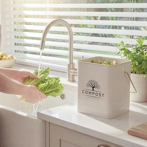 Miniatura 5 de PERFNIQUE Contenedor de compost de cocina, contenedor de compostaje para encimera de 1.7 galones con tapa, contenedor de compost interior incluye 2