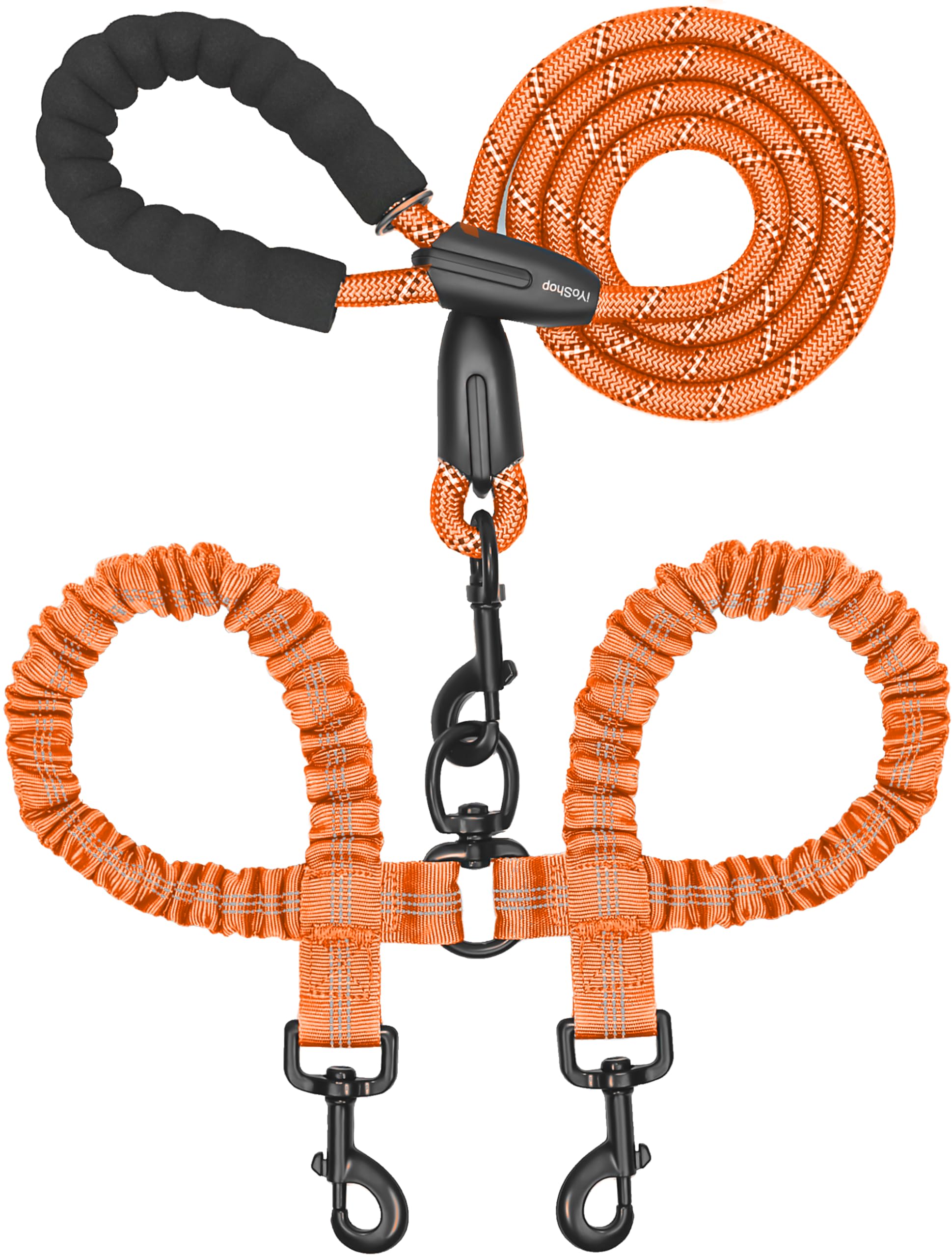 iYoShop Double Dog Leash, 360° Swivel, No Tangle, Large, 25-150 lbs, Orange