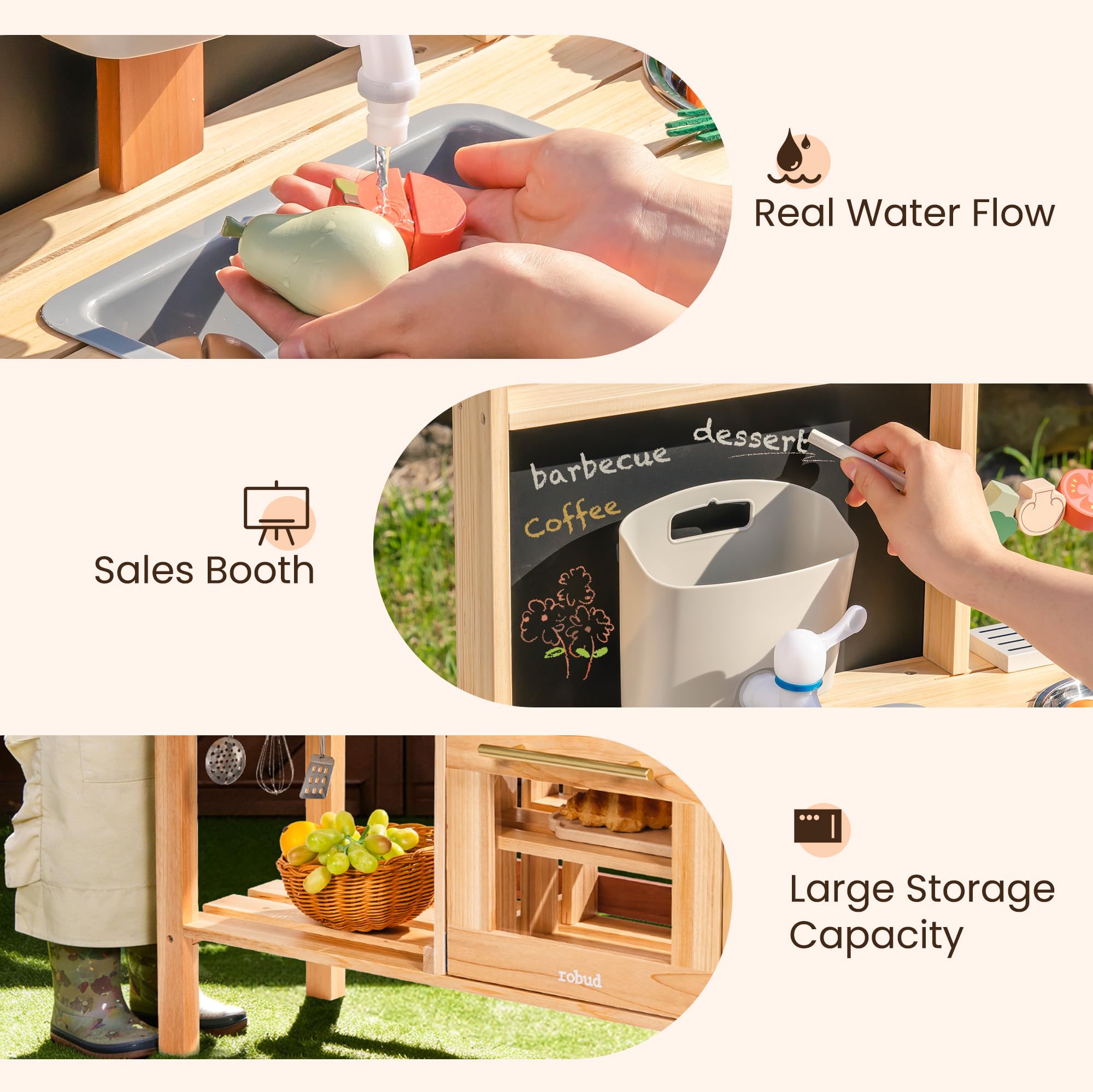 ROBUD Cucina da gioco in legno per bambini, cucina da esterno con lavello, macchina per il caffè, griglia per barbecue, forno e lavagna, gioco di finzione con accessori per bambini bambine 3+