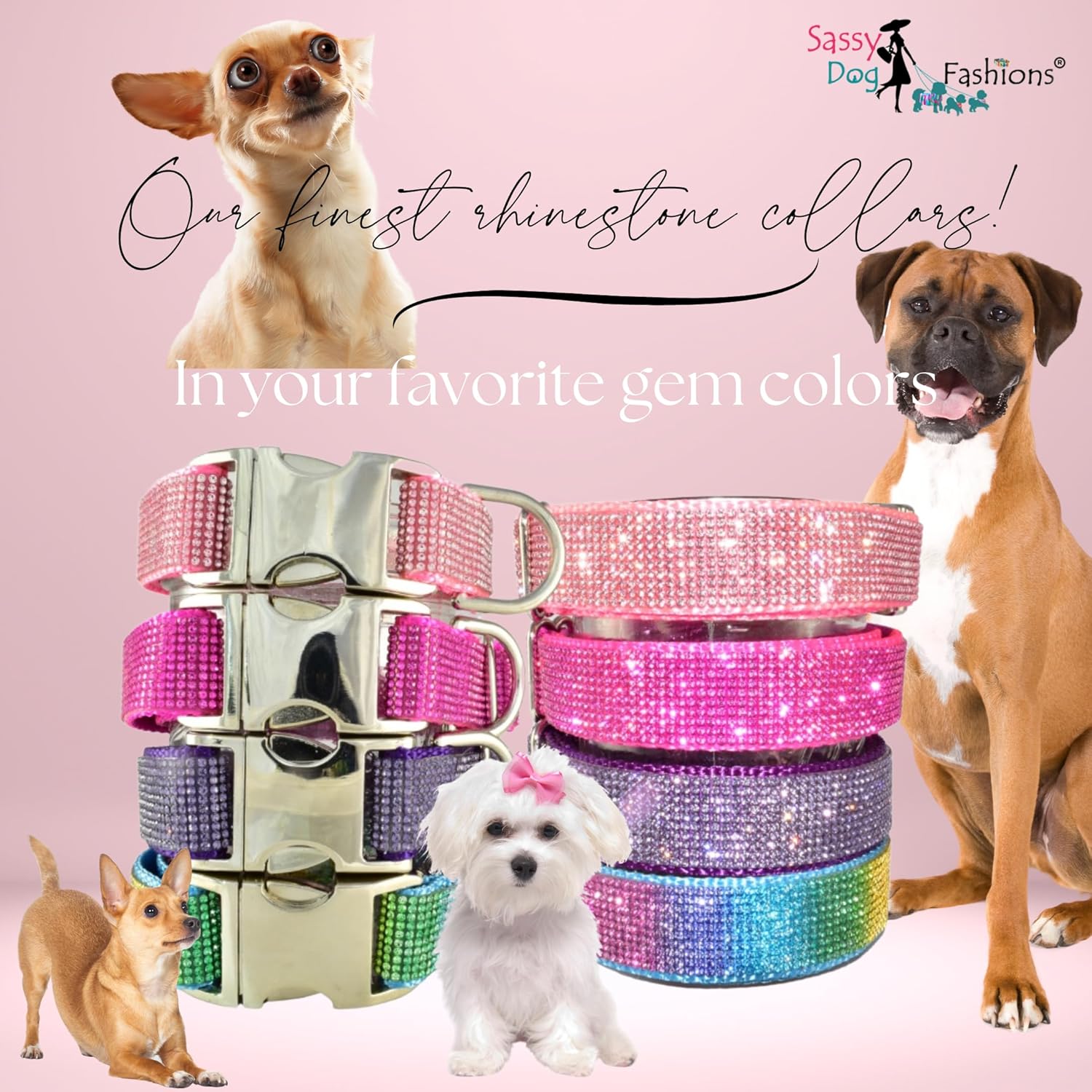 Handmade Large Rhinestone Dog Collars, Engraved Buckle Hardware and Leash Options, Choice of Crystals, for Small Medium Large Sparkling Personalized Bling Dog Collars (1" W x 17-22" L)