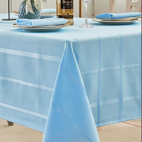 Rectangle Plaid Table Cloth Waterproof Checkered Jacquard Tablecloth Elegance Wrinkle Resistant Decorative Grid Fabric Table Cover for Kitchen Dining or Outdoor, Light Blue 52 x 70 Inch