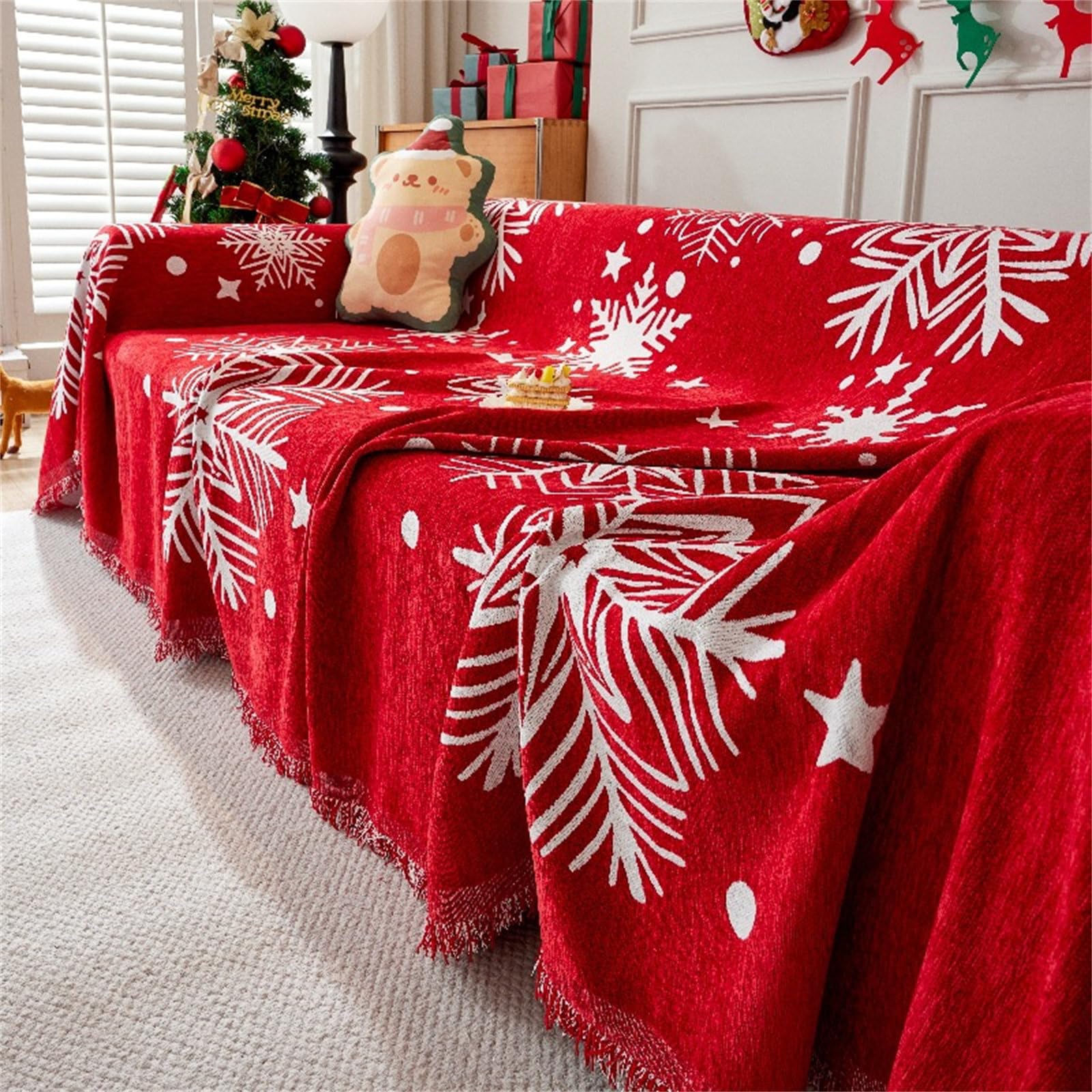 Highdi Telo Copridivano, Stampa Natalizia Rossa Copri Divano con Frange Decorative, Copridivano AntiGraffio Gatto Protezione per Mobili e Divano,Copridivani 3/2/1 Posti (180x340cm,Albero di Natale