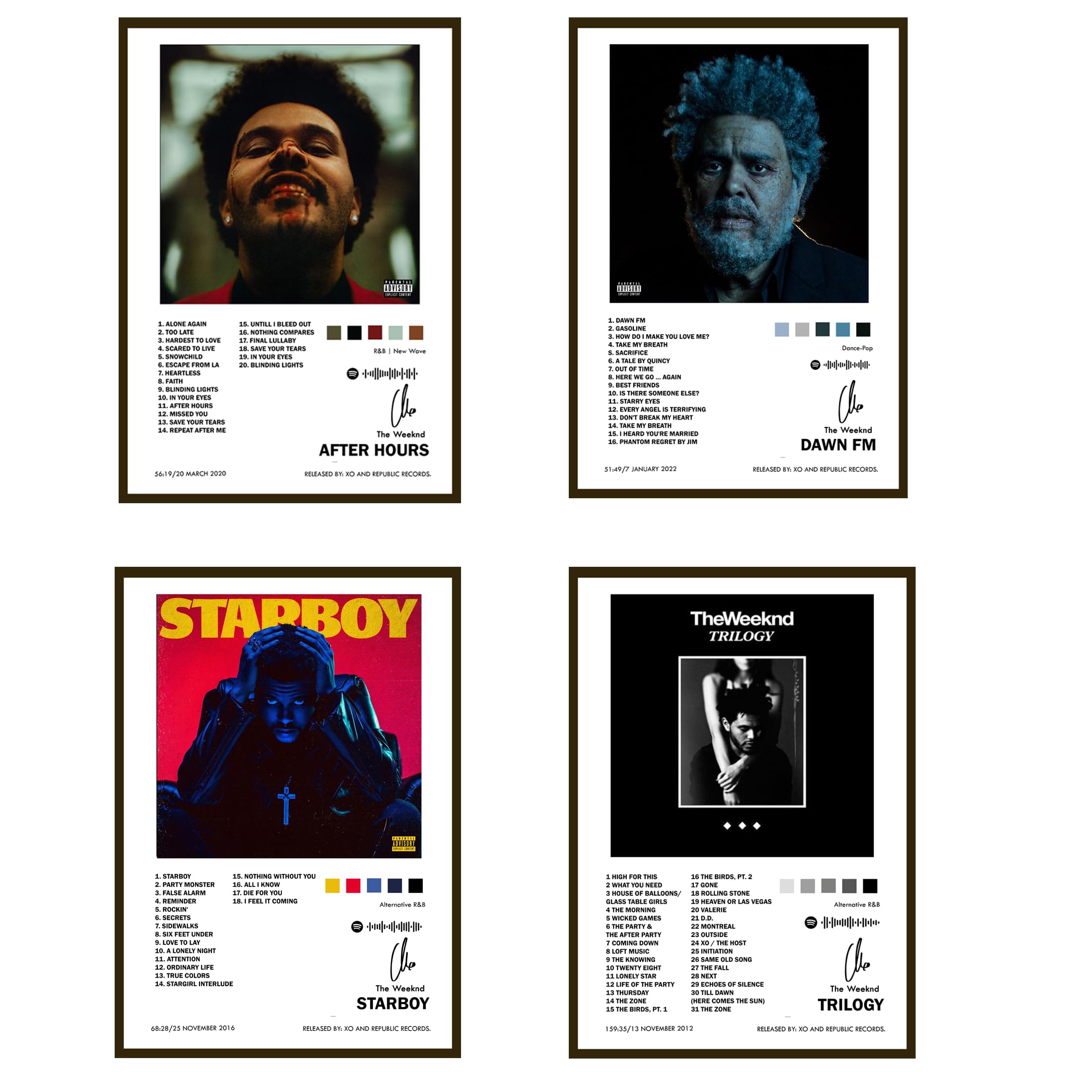 The Weeknd Poster Set of 4 (A4 Size, 9x12 Inch) | Album Wall Art – After Hours, Dawn FM, Starboy, Trilogy | Music Star Room Décor for Bedroom, Living Room & Office