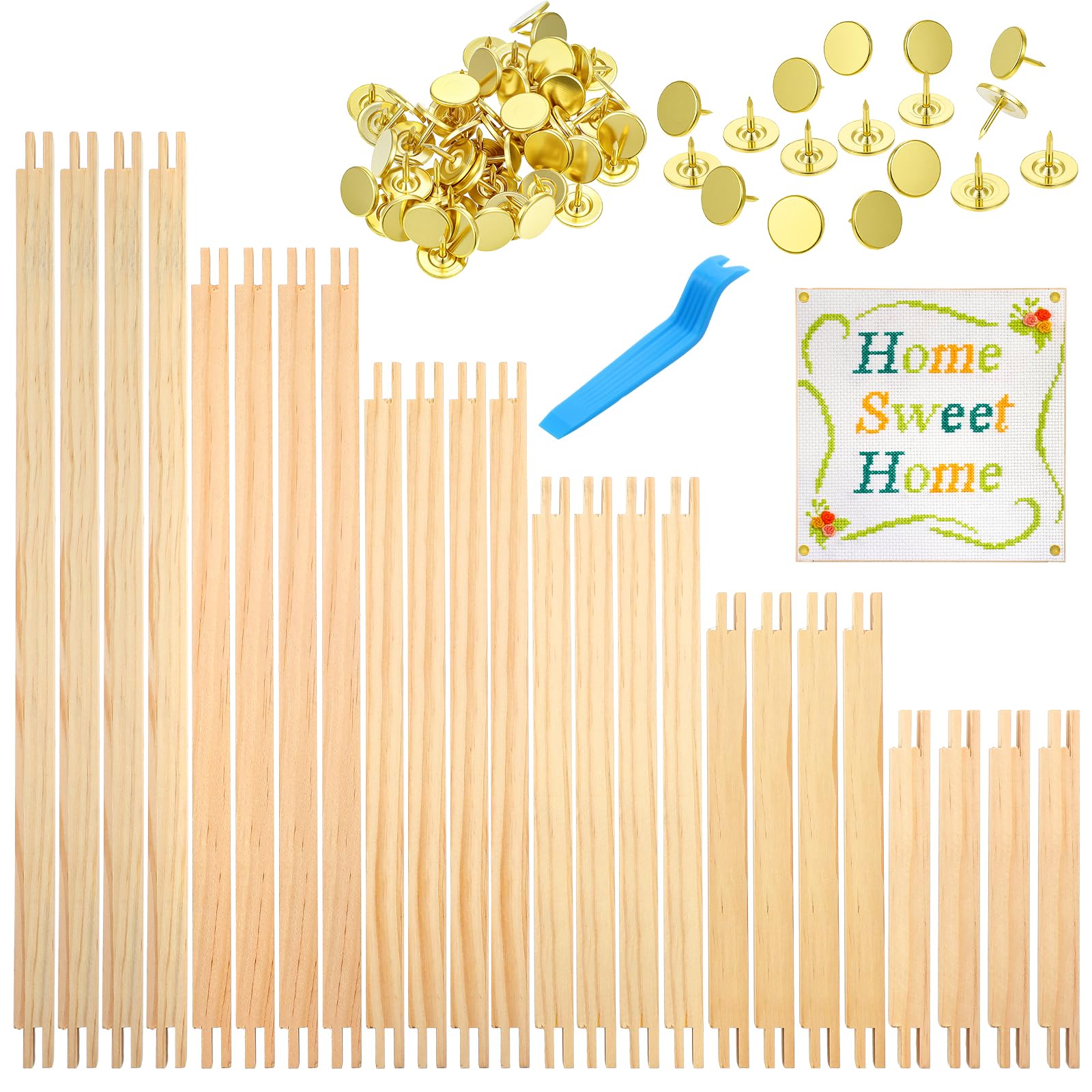 Oqqlin 6 Sets Stretcher Bars for Needlework with 50 Thumb Tacks, 6 Sizes 24 Pcs Wooden Canvas Stretcher Bars Durable Assembly Embroidery Stitch Frame Set for Birthday Gifts, Crafts Supplies