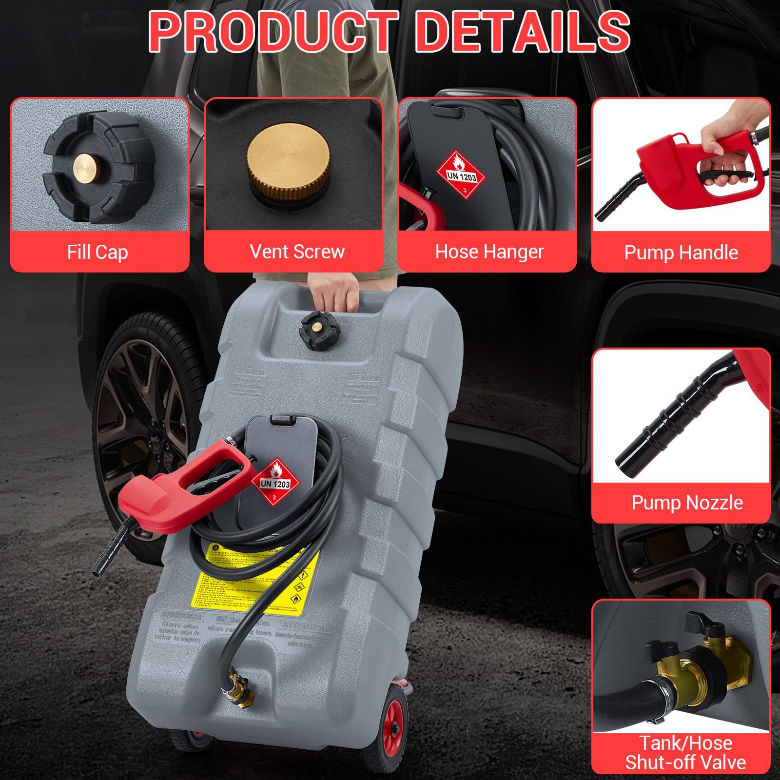 Bidon d'essence 57 litres avec Pompe de Transfert, réservoir Portable équipé de roulettes et Tuyau de 3 mètres, Conception Anti-fuide pour Voitures, tondeuses et Bateaux en Couleur Grise