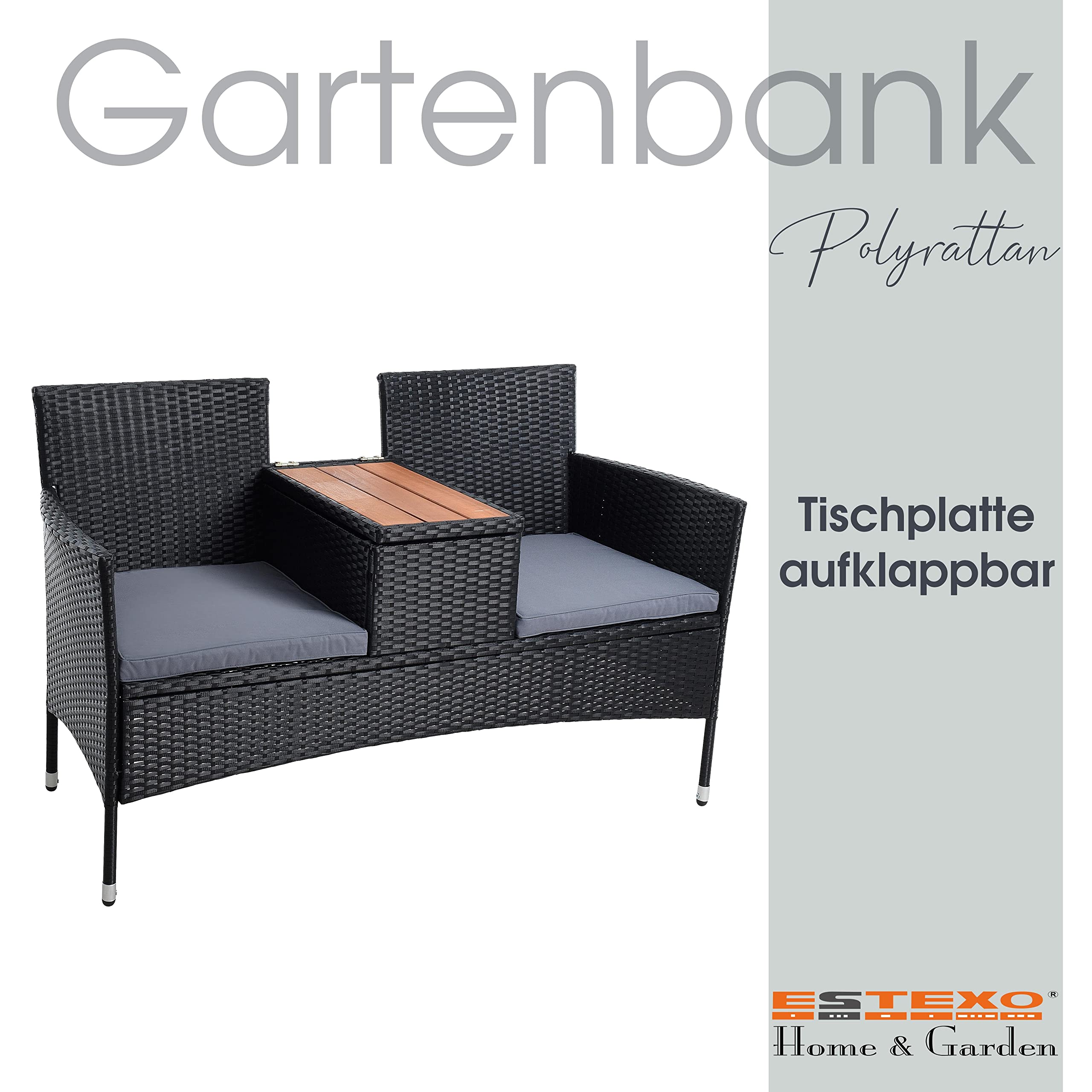 ESTEXO Polyrattan Gartenbank Bank Sitzbank 2-Sitzer Rattan Gartenmöbel Set Gartenset Balkonmöbel Sitzgarnitur Schwarz