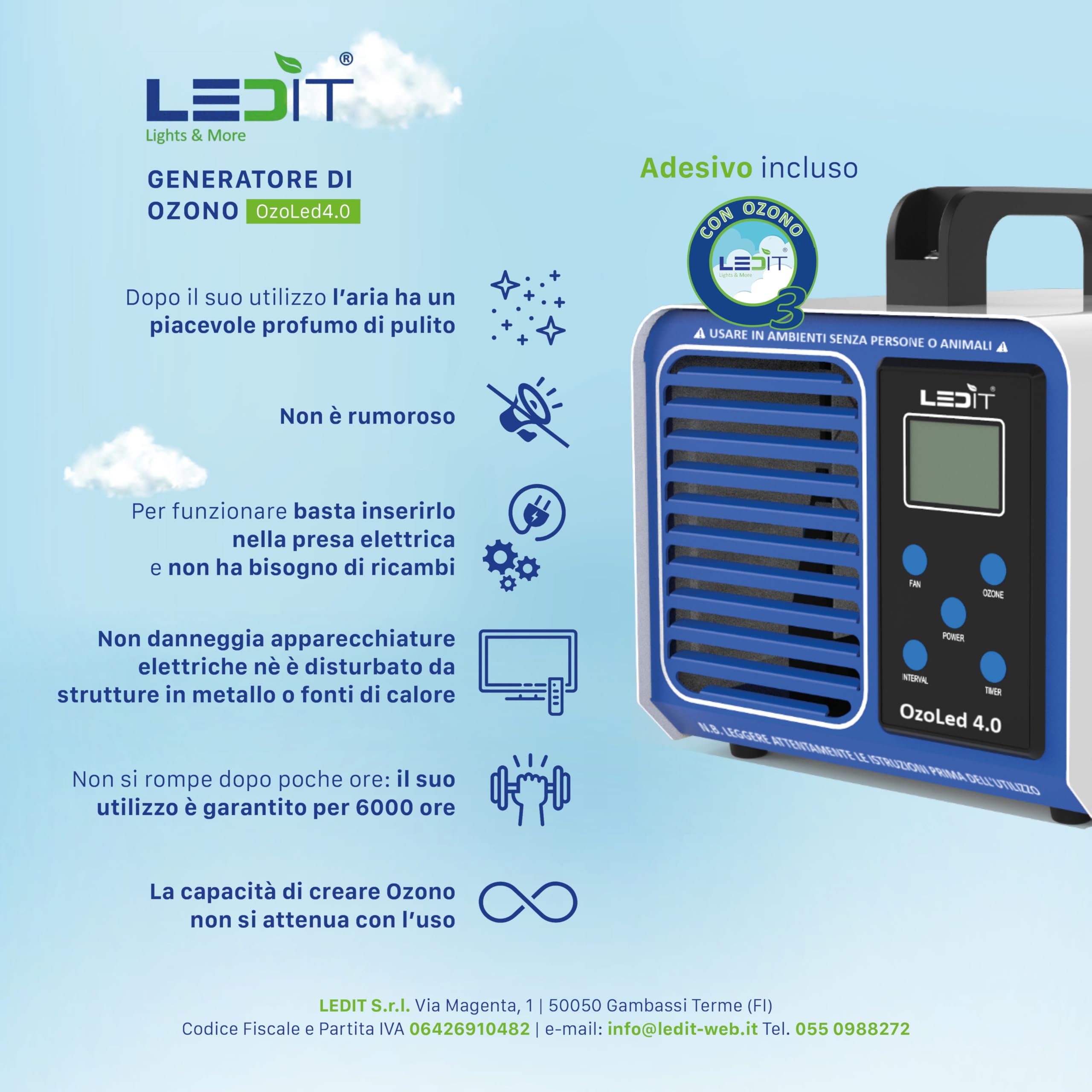 LEDIT Generatore Ozono Domotico 4.0 10.000mg/h Progettato in Italia–Ozonizzatore Professionale 0-200 m² –Purificatore d’Aria Certificato CE&CNR–Timer,Controllo Remoto App,Uffici Garage Auto Casa Hotel