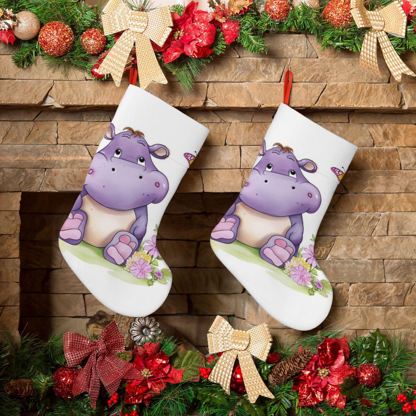 KLOPH Christmas Stockings 18" Personalized Xmas Stocking Butterfly and Hippo Decoration Stocking Hanging Fireplace Stocking for Holiday Xmas Tree Christmas Fireplace Decor