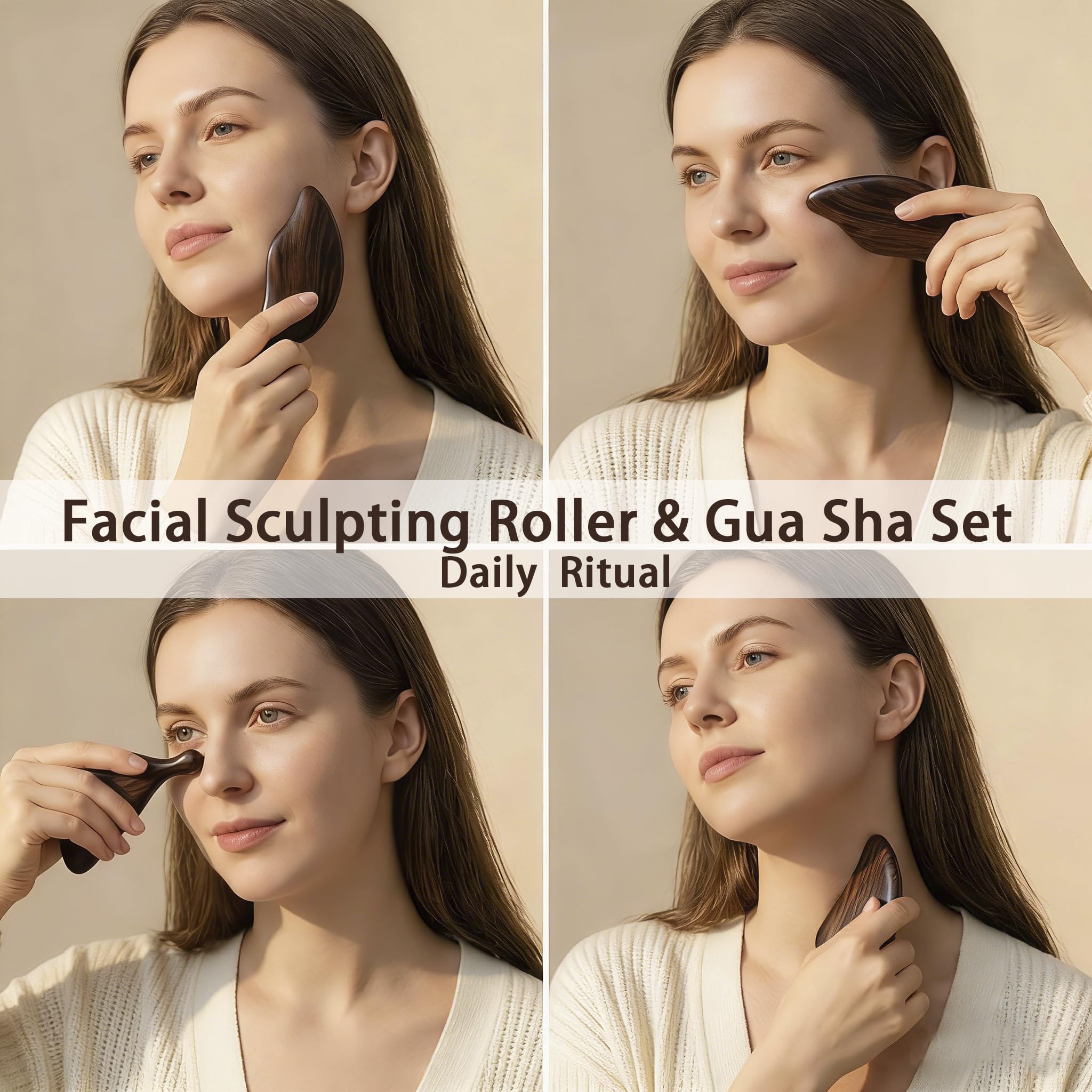 Lila Sandelholz Gesichtsroller & Gua Sha Set - Holz Gesichtsmassageroller mit blattförmigem Gua Sha Board, Multifunktionales Modellier- & Entspannungswerkzeug, Luxus-Geschenkbox (Gua Sha Roller