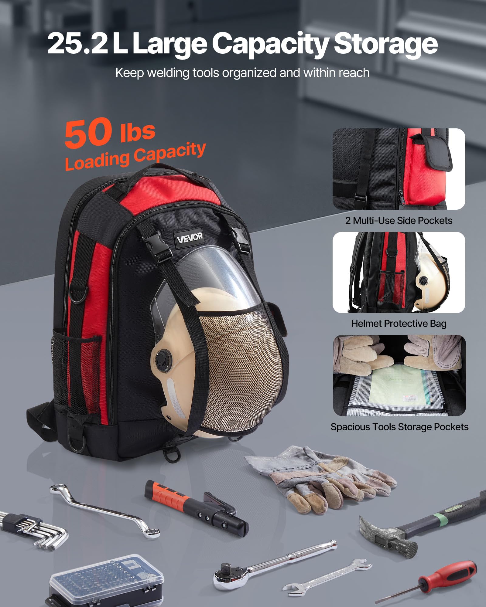 VEVOR Zaino per Saldatura, 25,2 L per Attrezzi e Casco, zaino in Poliestere ad Alta Densità 1680D con Borsa per Casco, Borsa Portaoggetti per Saldatura, Campeggio all'Aperto, Escursionismo