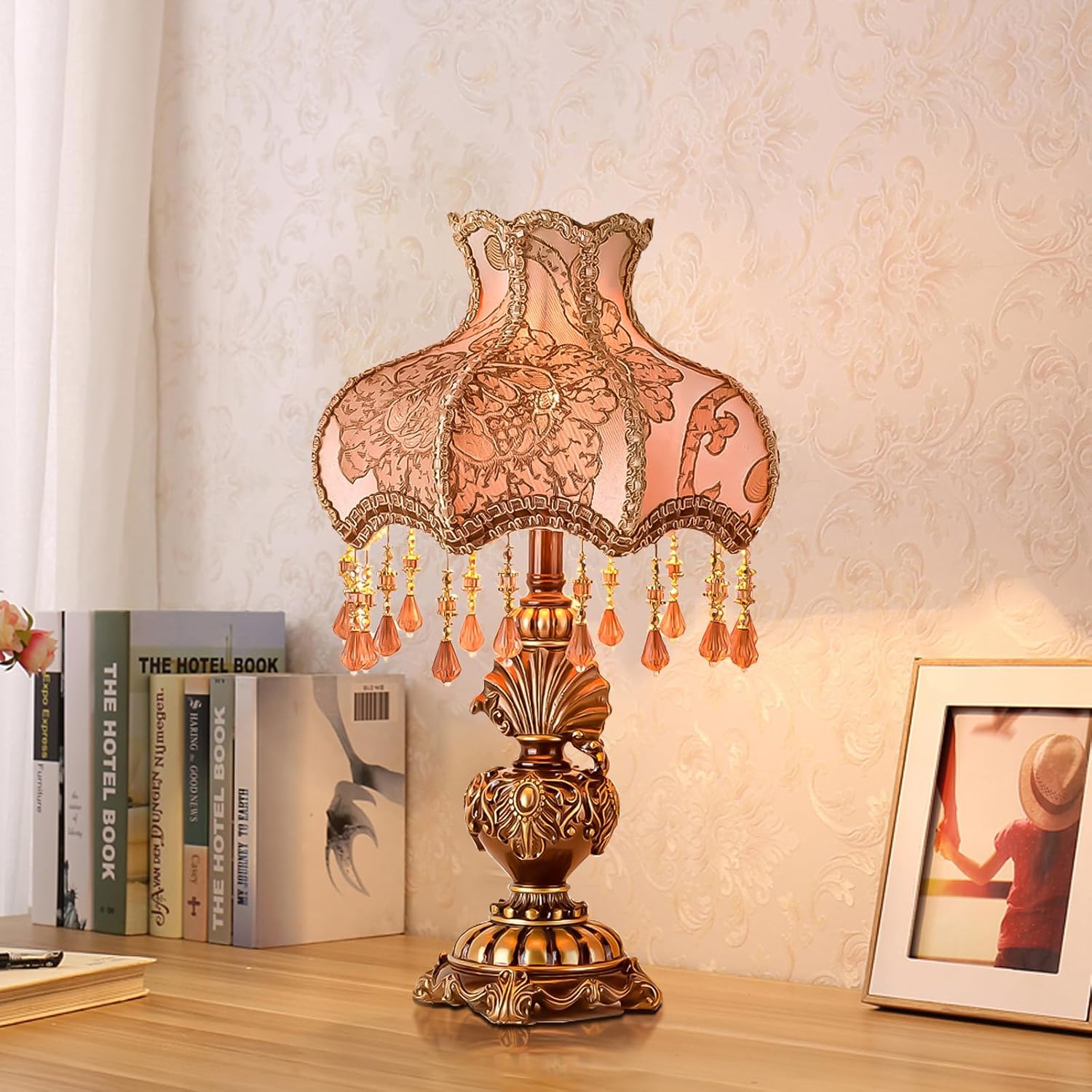 Tiffany Table Lamp with White Fabric Shade European Style Desk Lamp with Brown Resin Body Victorian Table Lamp for Living Room Bedroom Living Room Office