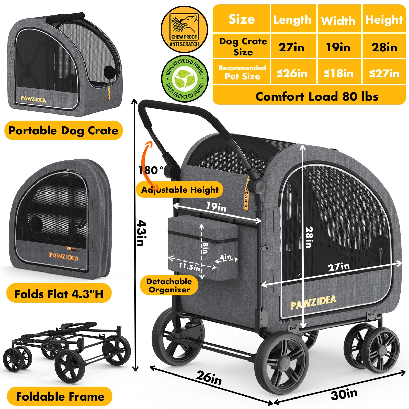 PAWZIDEA Passeggino per cani di grandi dimensioni, extra large, con trasportino staccabile, fino a 50 kg (grigio)