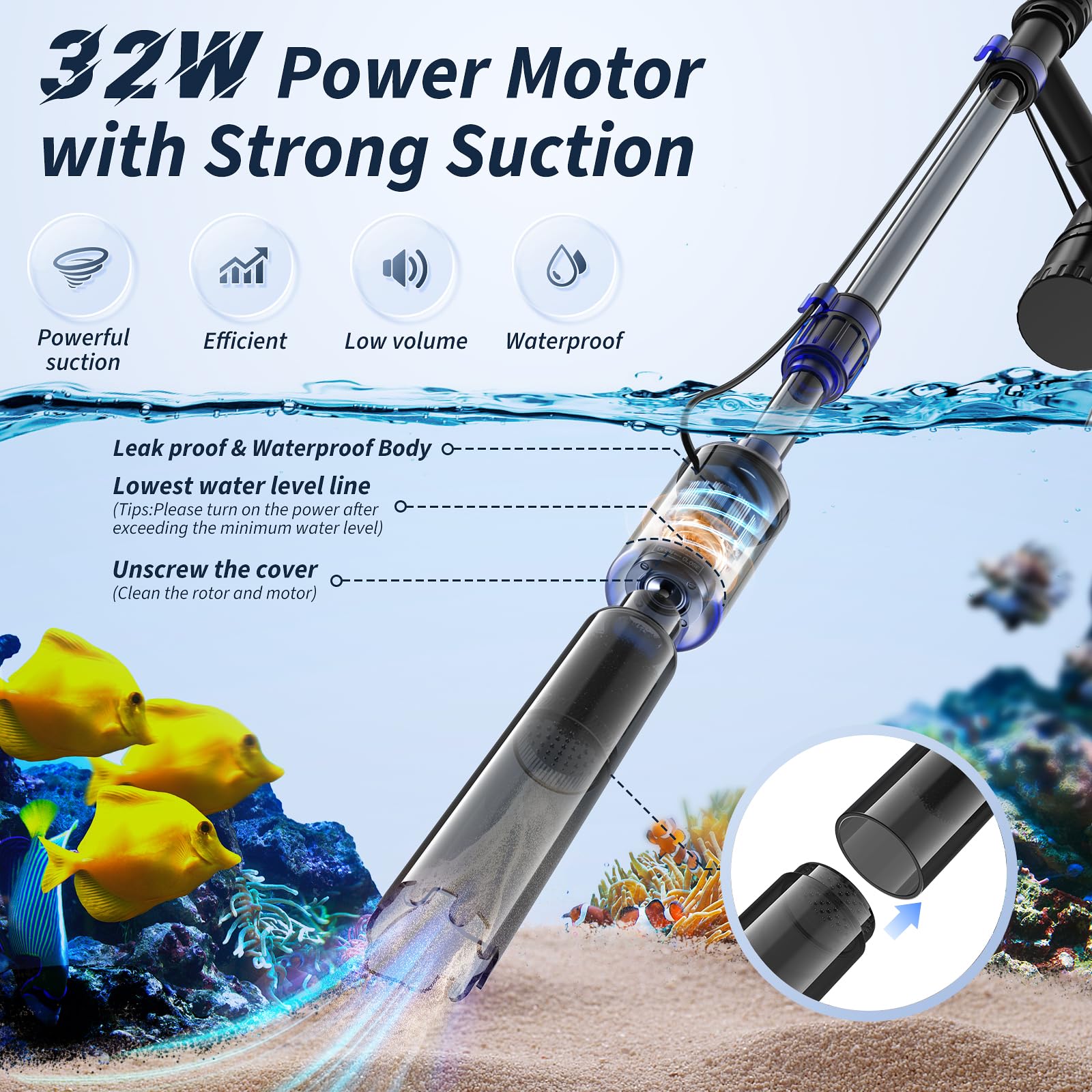 Fish Tank Cleaner - Aquarium Gravel Cleaner, 530GPH/32W Electric Fish Tank Cleaning Tools, Adjustable Water Flow Aquarium Cleaner Kit, Fish Tank Gravel Cleaner Vacuum for Water Chang, Wash Sand (Blue)