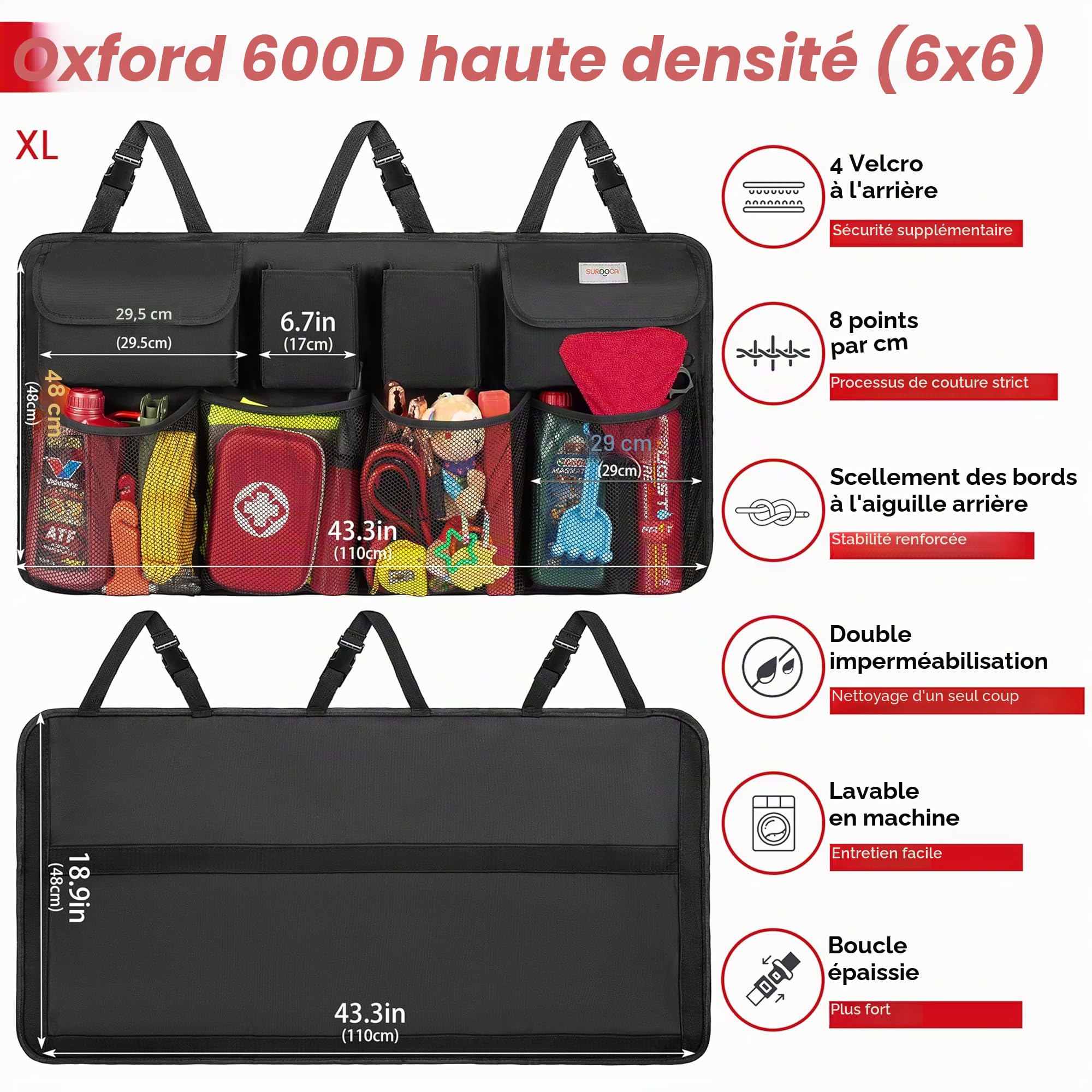 SURDOCA Organiseur de coffre de voiture, 4e génération 8 Upgrades, Organiseur de voiture XL, Sac de coffre, Accessoires intérieurs avec couvercle, peu encombrant, Noir, Grande taille