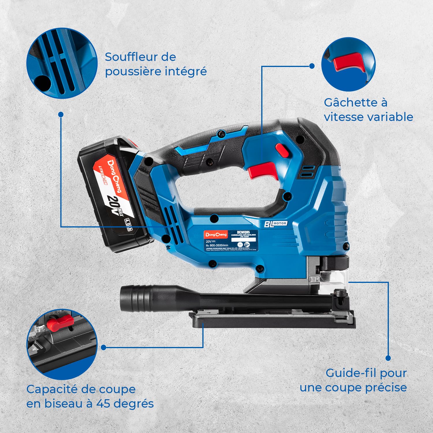 Dong Cheng Scie Sauteuse Sans Fil 18V Sans Balais, Scie Sabre Pendulaire course de 26 mm, 6 Vitesses, Coupe Biseau 0-45°, Double LED & Souffleur - Avec Batterie 4Ah, 6 Lames, Chargeur et Caisse Pro