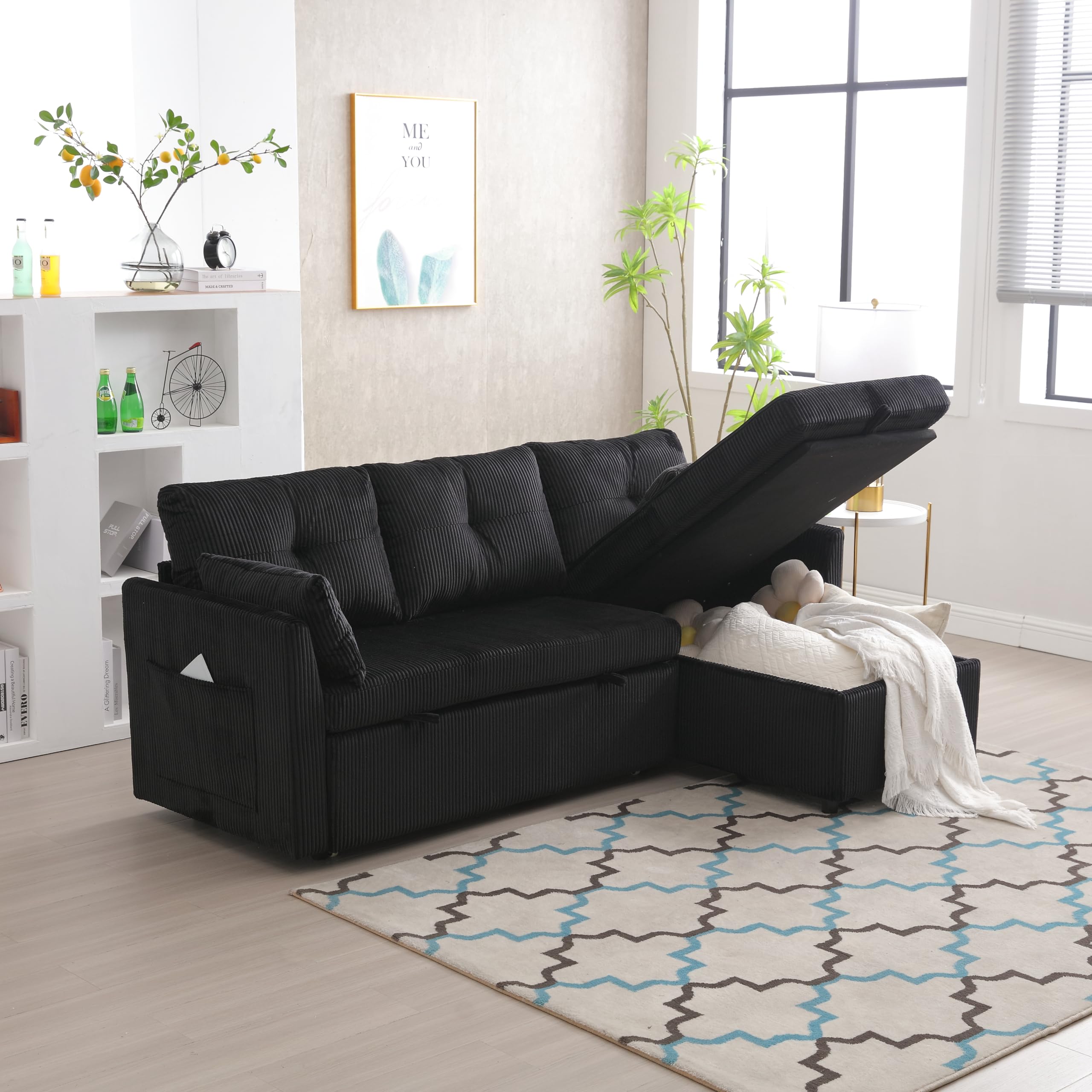 Divano Letto 3 Posti con Penisola, Divano Angolare 3 Posti Forma di L, Divano Letto Matrimoniale con Materasso, Divano 3 Posti con Braccioli e Vano Portaoggetti, Black Velvet