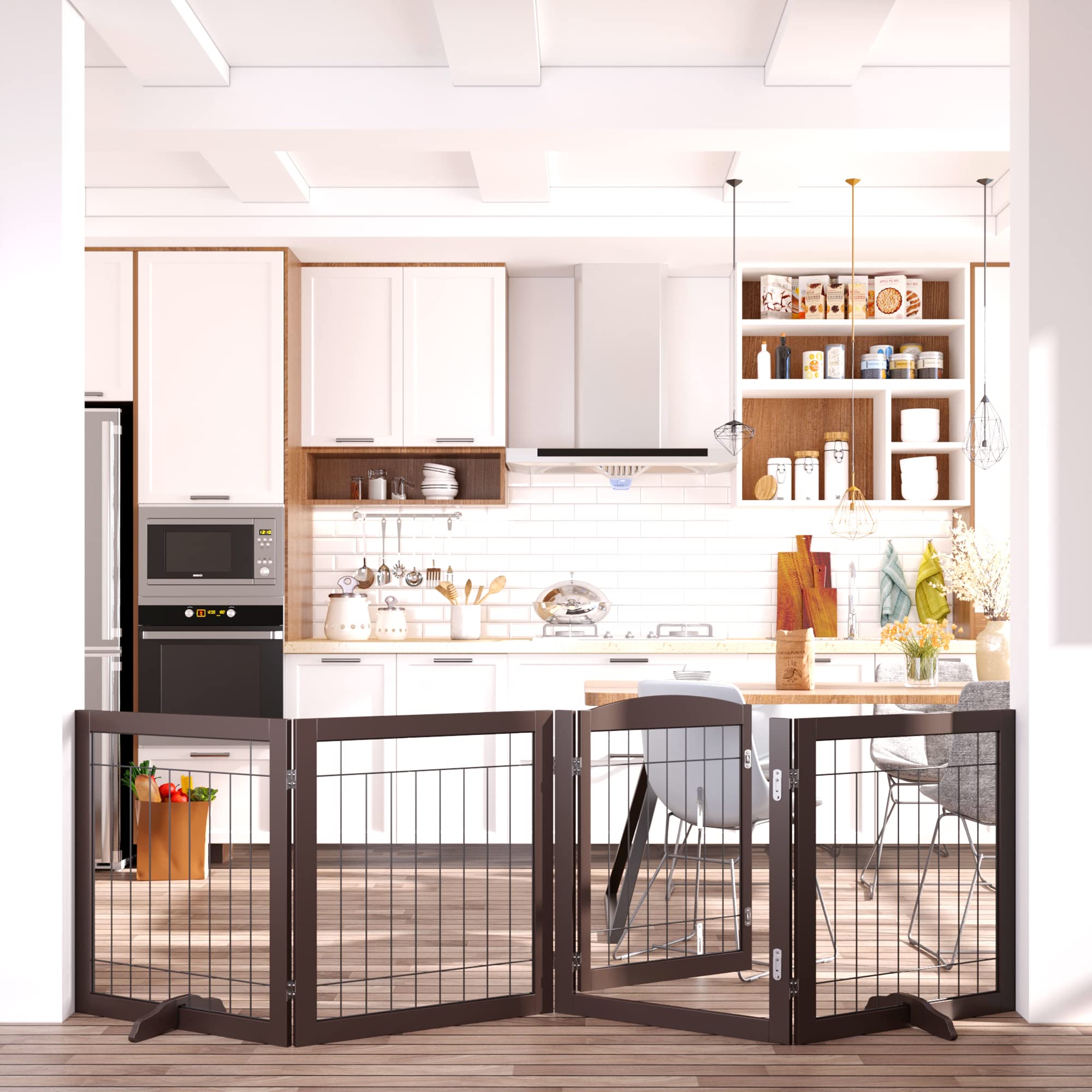 Vantas Folding Pet Gate 96" Wide, 30" Tall No-Assembly Wooden Dog Gate with Door Walk Through, Freestanding Wire Pet Gate, Pet Puppy Safety Fence, with 2PCS Support – Espresso