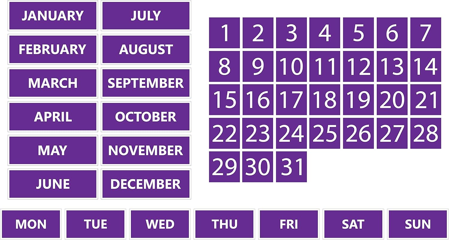 Whiteboard Calendar Magnet Non-Abbreviated Bundle (Dates, Days of The Week, Months) by DCM Solutions (Purple, 1"x1")