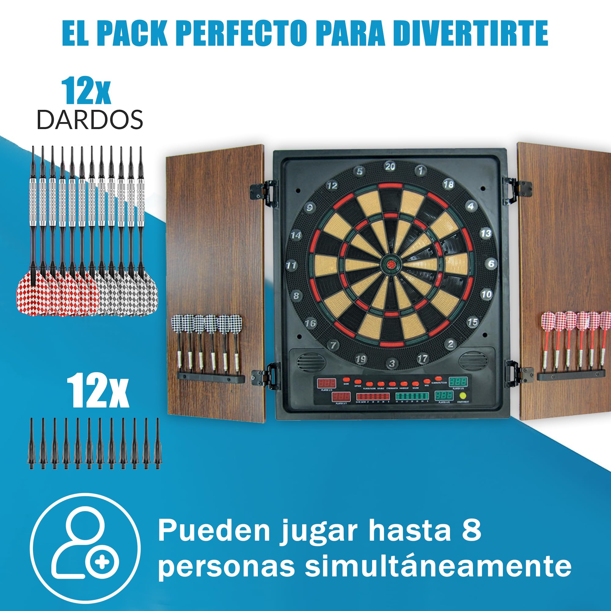 Diana Electrónica Eros | Diana con Puertas de Madera y Pantalla LED | 27 Juegos y 202 Variaciones | Multijugador hasta 8 Jugadores | Incluye 12 Dardos y Adaptador