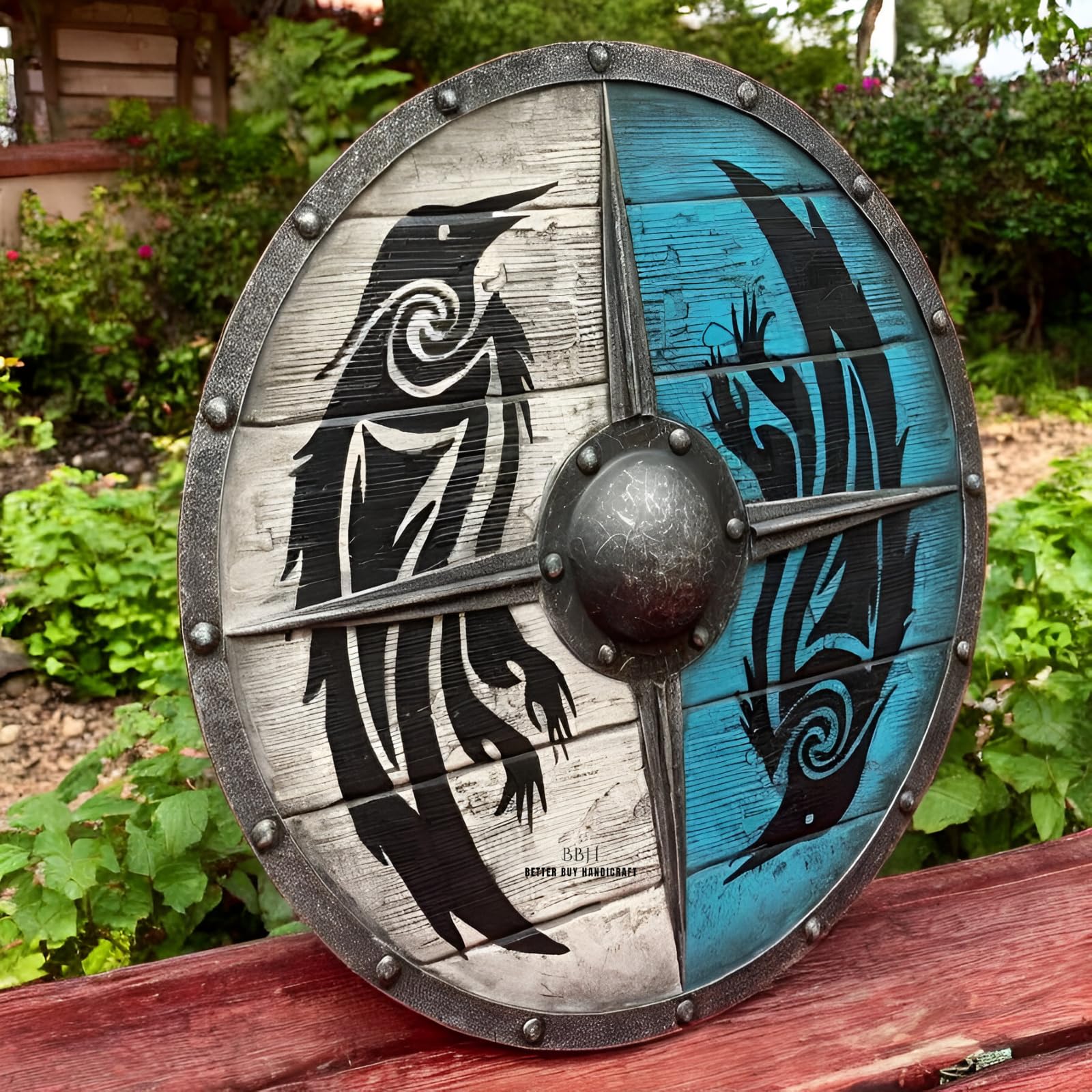 Bouclier viking en bois fait à la main Eivor Valhalla Raven 61 cm