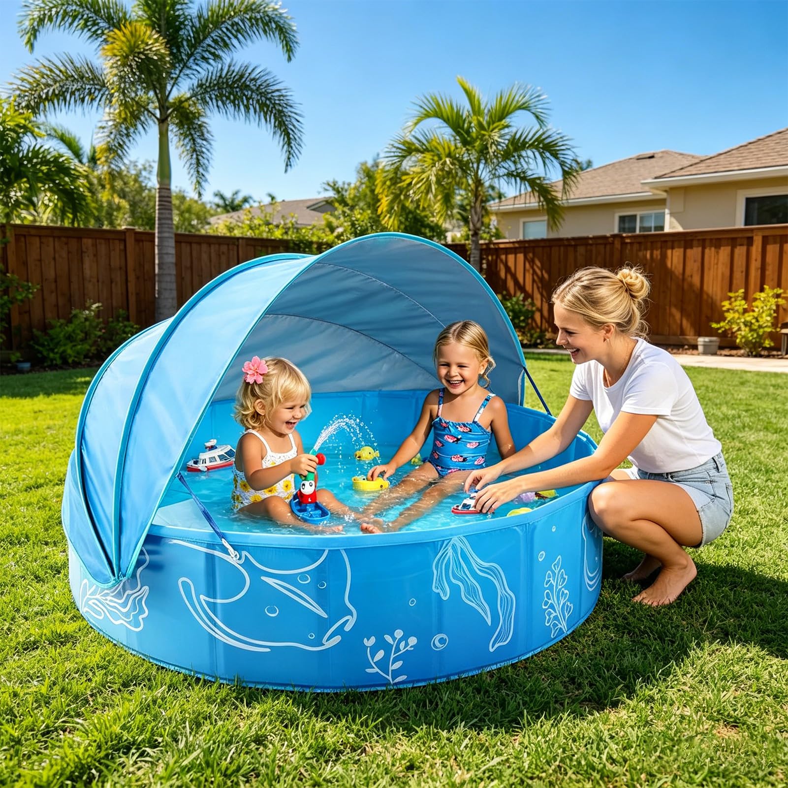 Pataugeoire pour enfants - 100 x 30 cm - Pliable - Portable - Avec toit - Piscine antidérapante - Avec protection solaire - Pour l'intérieur et l'extérieur