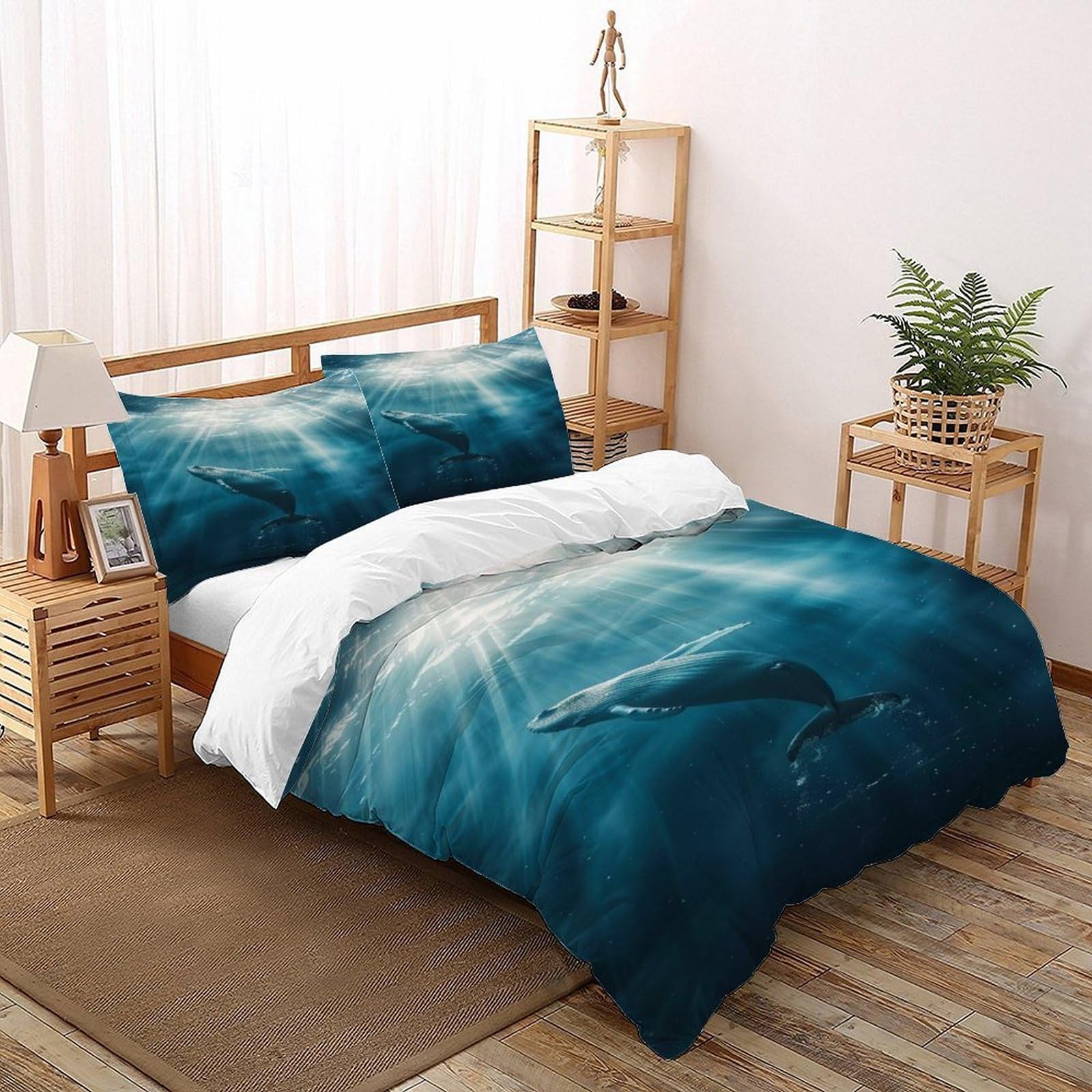 Housse de couette baleine Super King avec ses 2 taies d'oreiller en microfibre