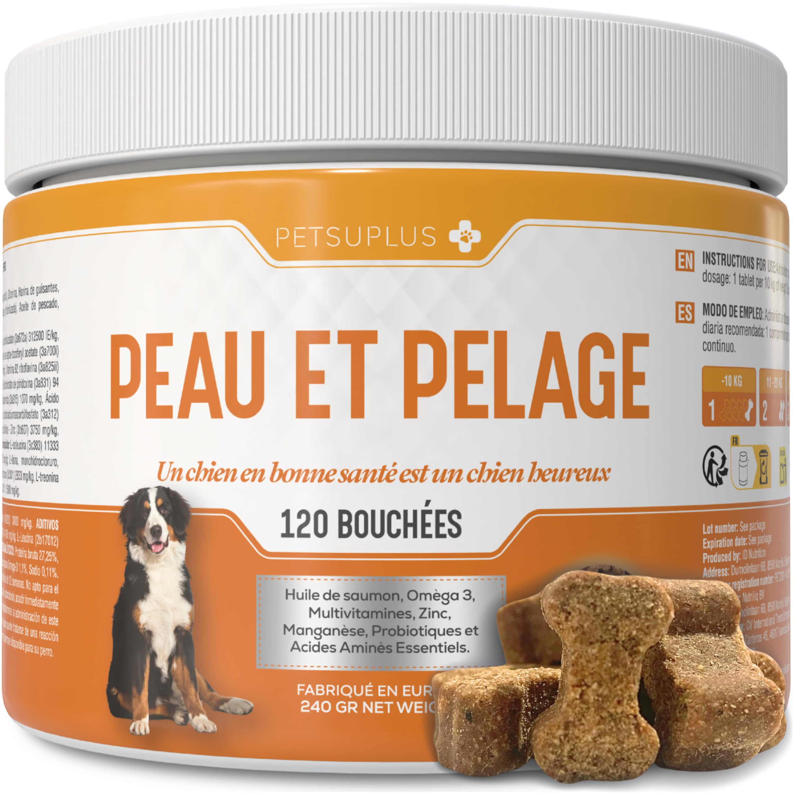 Peau et Pelage - Complement Alimentaire Chien avec Omega 3 et Huile de Saumon pour Chien. Contre Démangeaisons, Peau sèche, Irritations, Perte de Poils et l'Irritabilité - 120 Bouchées