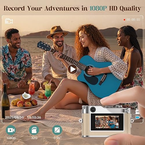 Miniatura 3 de Mini cámara digital vintage, cámara llavero 1080P HD con lente de 2 MP, flash, grabación de video, tarjeta 32G incluida, cámara retro portátil y