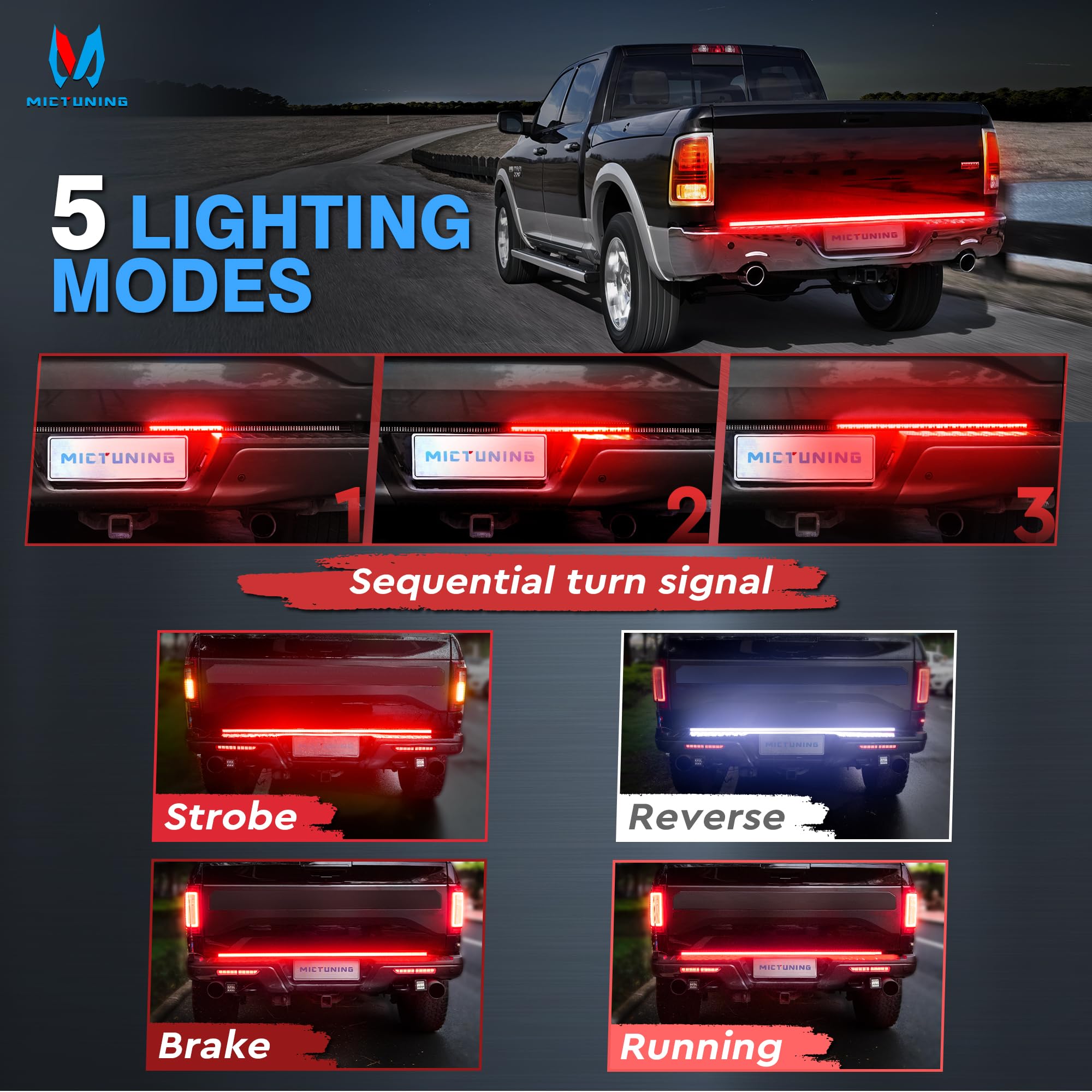 MICTUNING Bande lumineuse LED à triple rangée de 152 cm, 504 LED, étanche, avec connecteur plat à 4 voies, 5 fonctions, clignotant rouge, frein, lumière de courant, feux de recul blancs