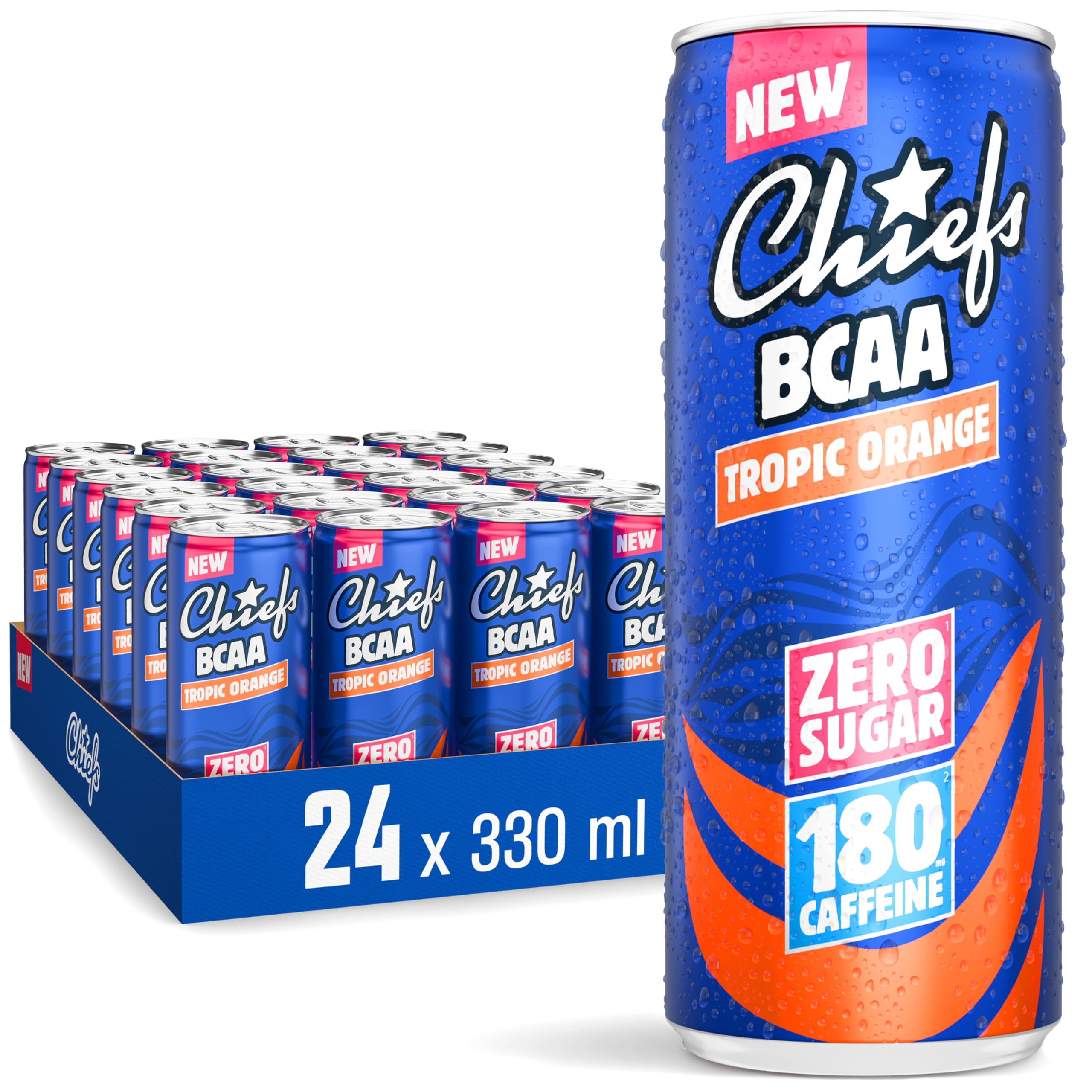 CHIEFS Boisson énergisante goût Orange Tropicale, 180 mg de caféine, 24x330ml boissons énergétiques, Sans Sucre et avec BCAA (Tropic Orange)