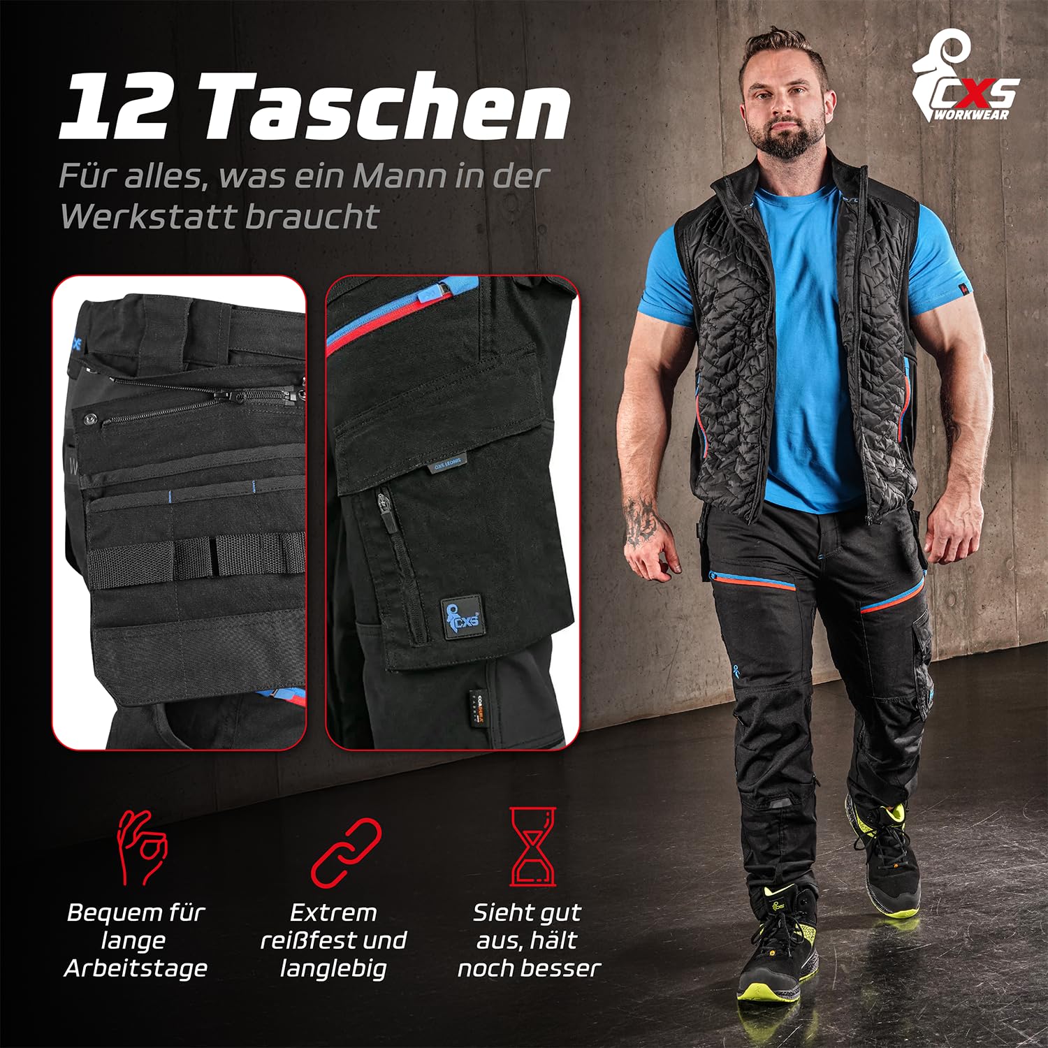 CXS® Arbeitshose für Herren - strapazierfähige Premium-Stretch Arbeitskleidung aus Cordura® mit hoher Bewegungsfreiheit vielen Taschen und Kniepolstertaschen - ideal für Baustellen und Werkstätten