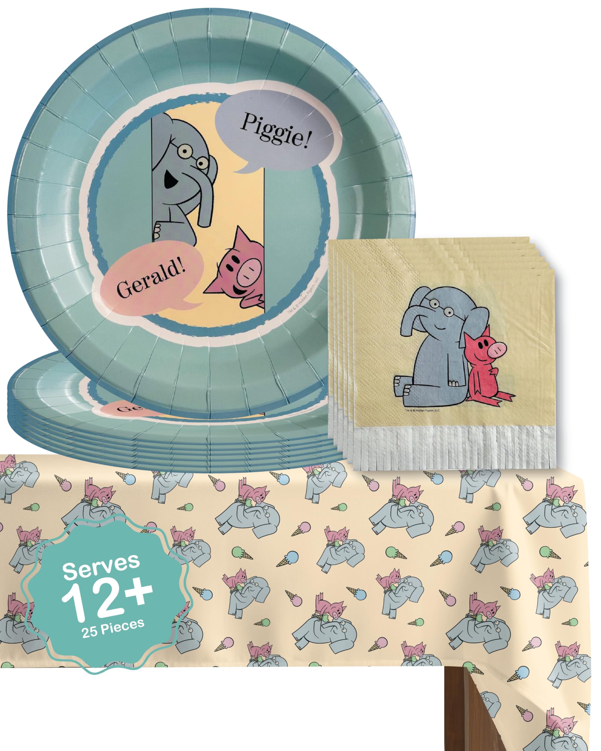 Elephant and Piggie Party Supplies for Birthday Party Decor with 12 Plates 12 Napkins and 1 Tablecloth for 9 Foot Table with Mo Willems Gerald and
