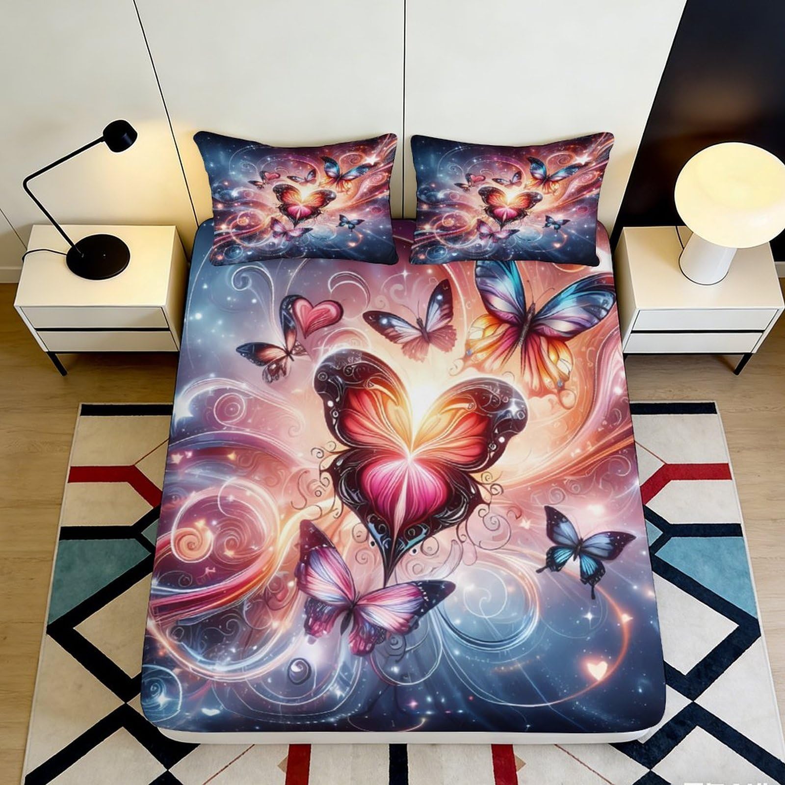 3D Printed Butterfly Fantasy Fitted Sheet Microfiber Soft Colorful Heart Dream Mattress Cover for Bedroom Dorm Decor 200x200x25cm