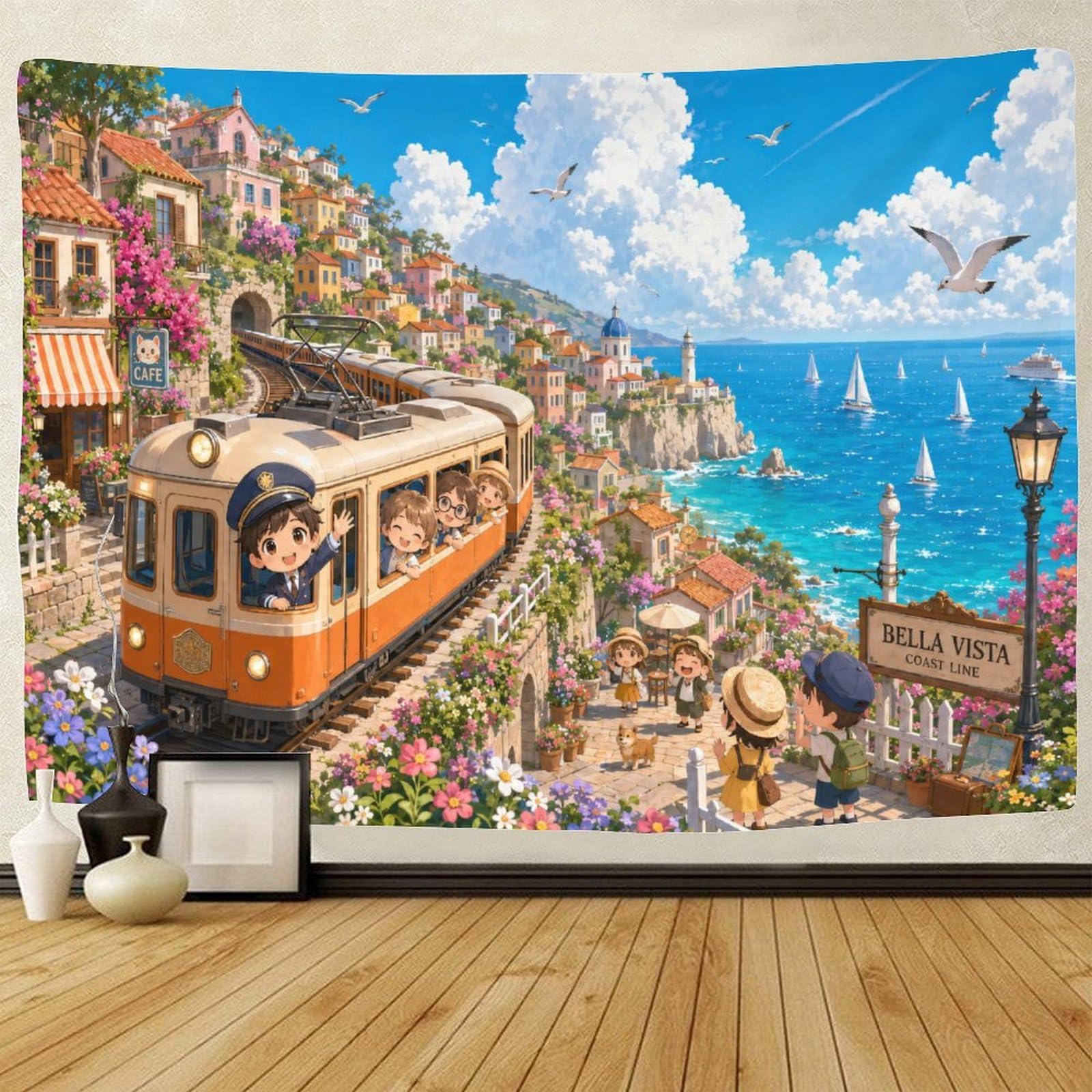 GPMNBCXZK Chibi Amalfi Coast Train Wall Hanging Decor 3D Print Tapestry Wall Art Decor Tapestries Poster Curtain Bedroom College Dorm 130cmx150cm